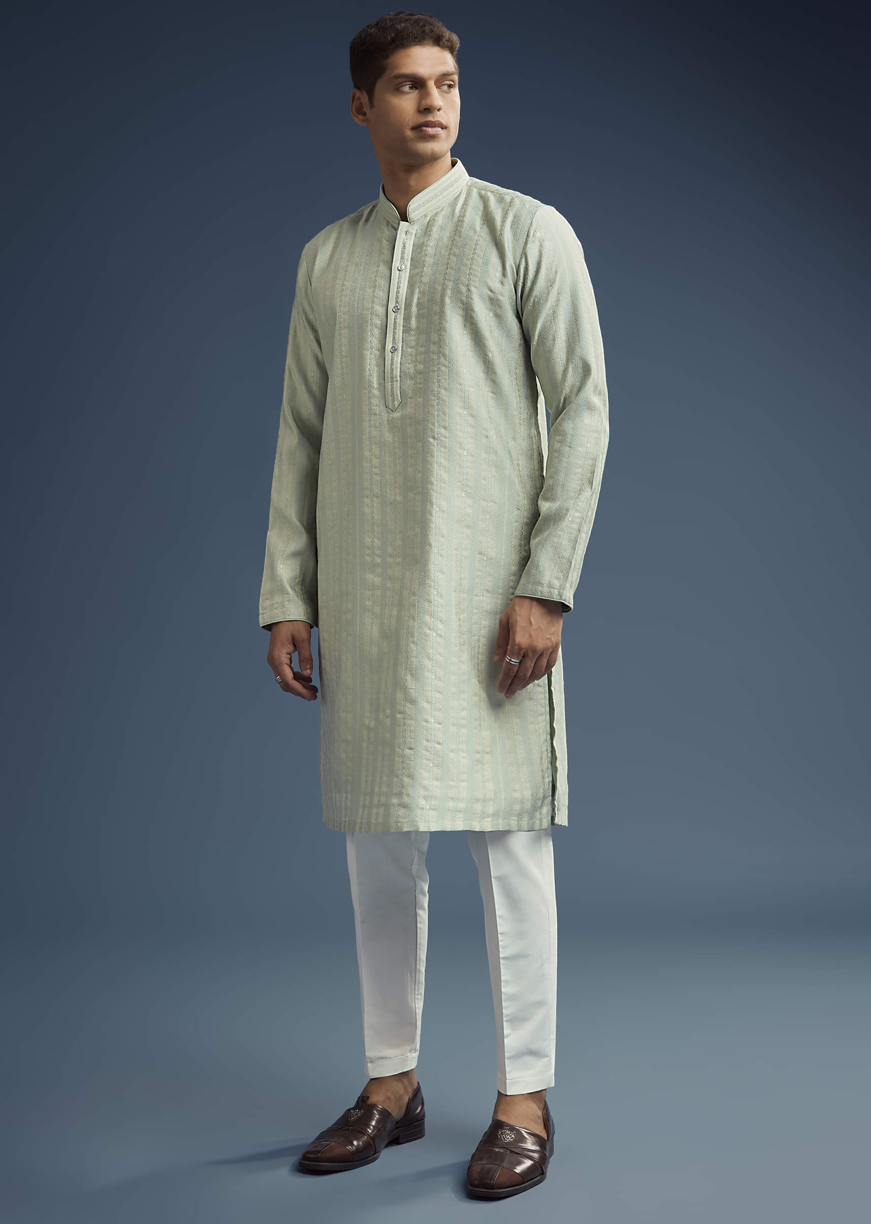 Green Textured Jacquard Kurta Set For Men - Image 4