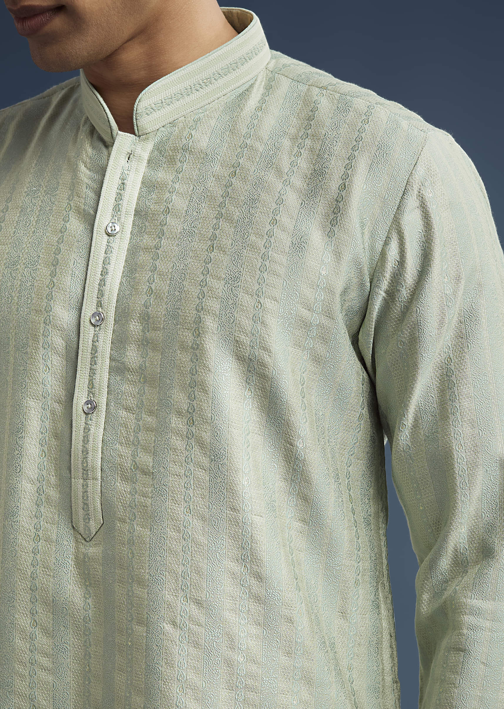 Green Textured Jacquard Kurta Set For Men - Image 7