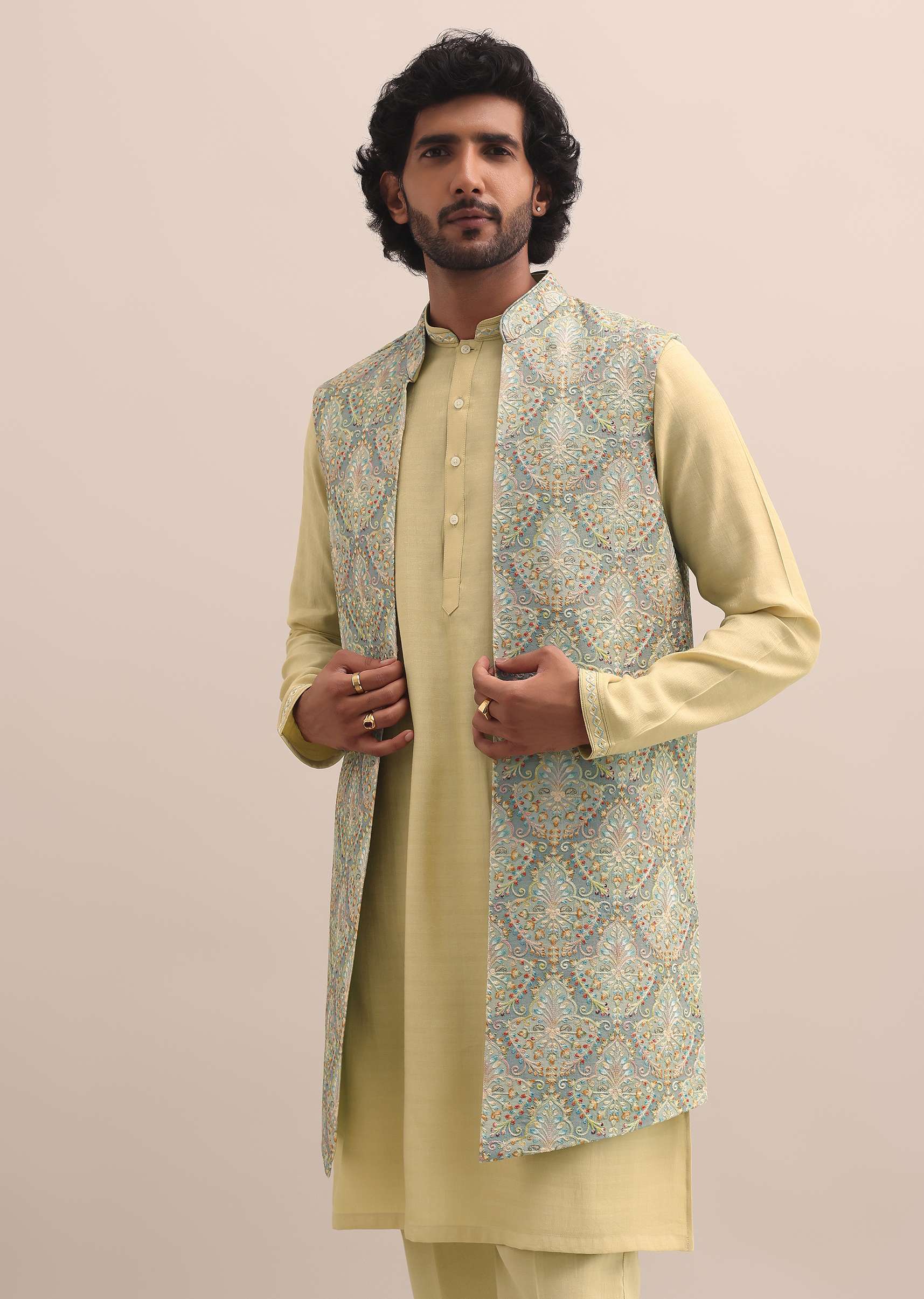Green Threadwork Kurta Jacket Set For Men