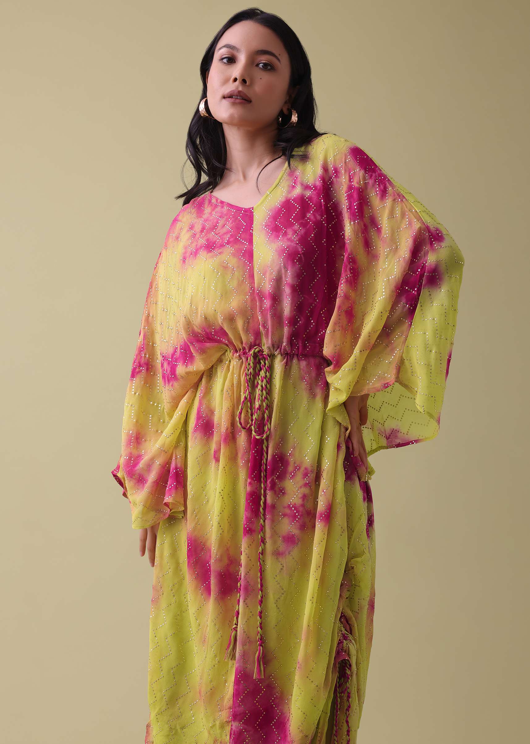 Green Tie Dye Kurti In Georgette With Badla Work - Image 3