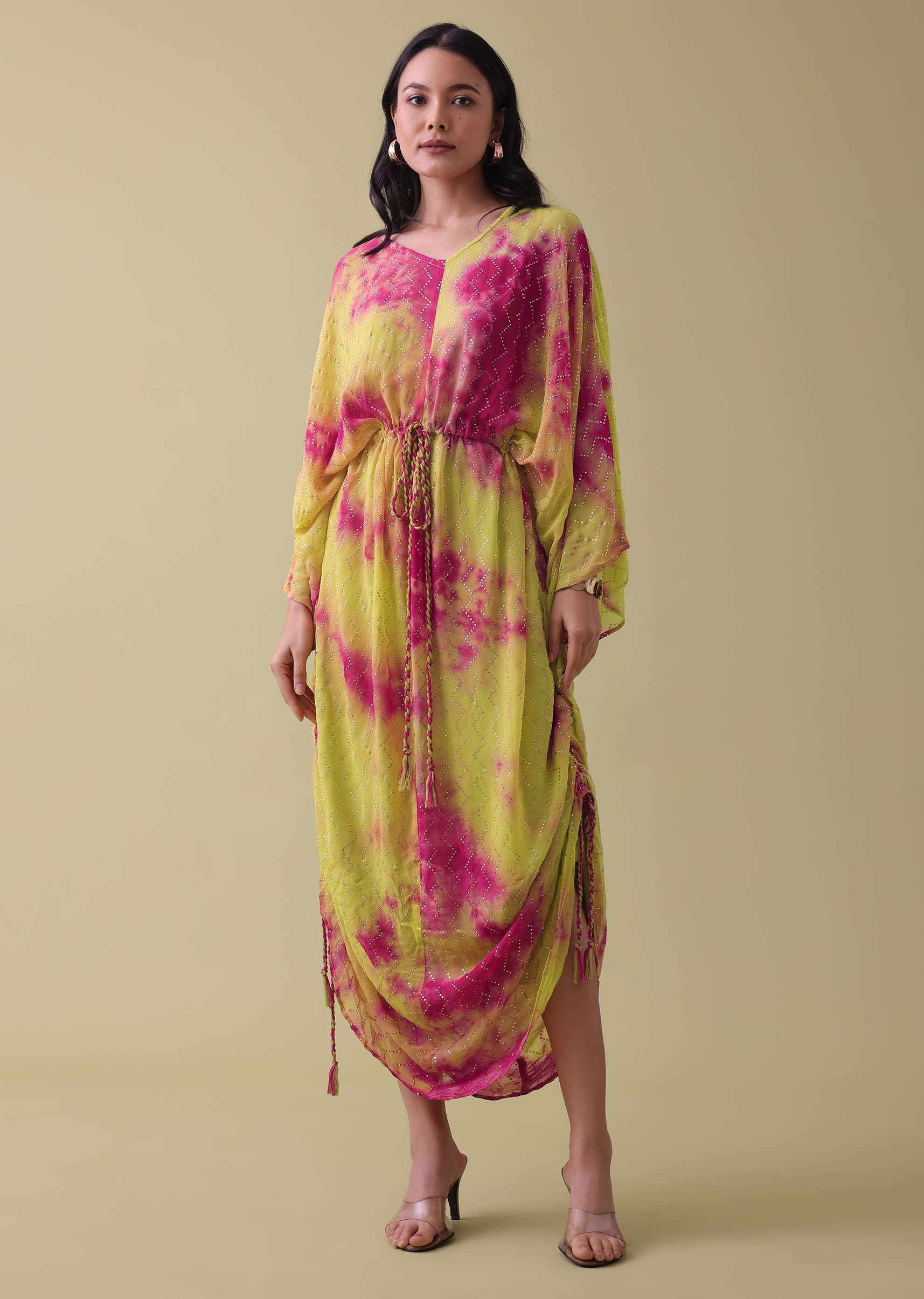 Green Tie Dye Kurti In Georgette With Badla Work - Image 4