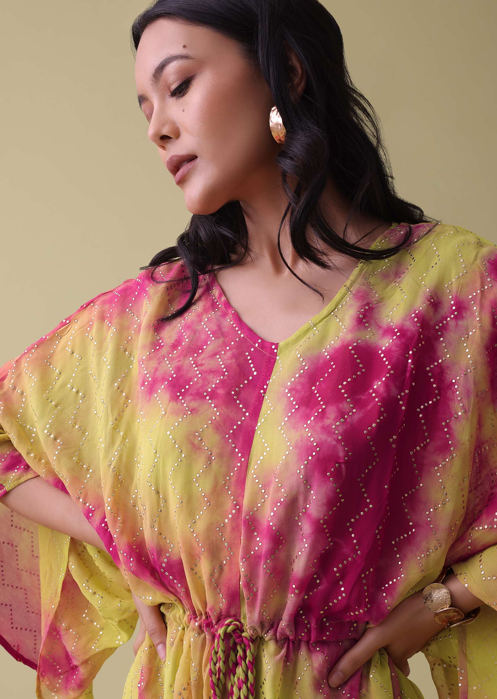 Green Tie Dye Kurti In Georgette With Badla Work - Image 5