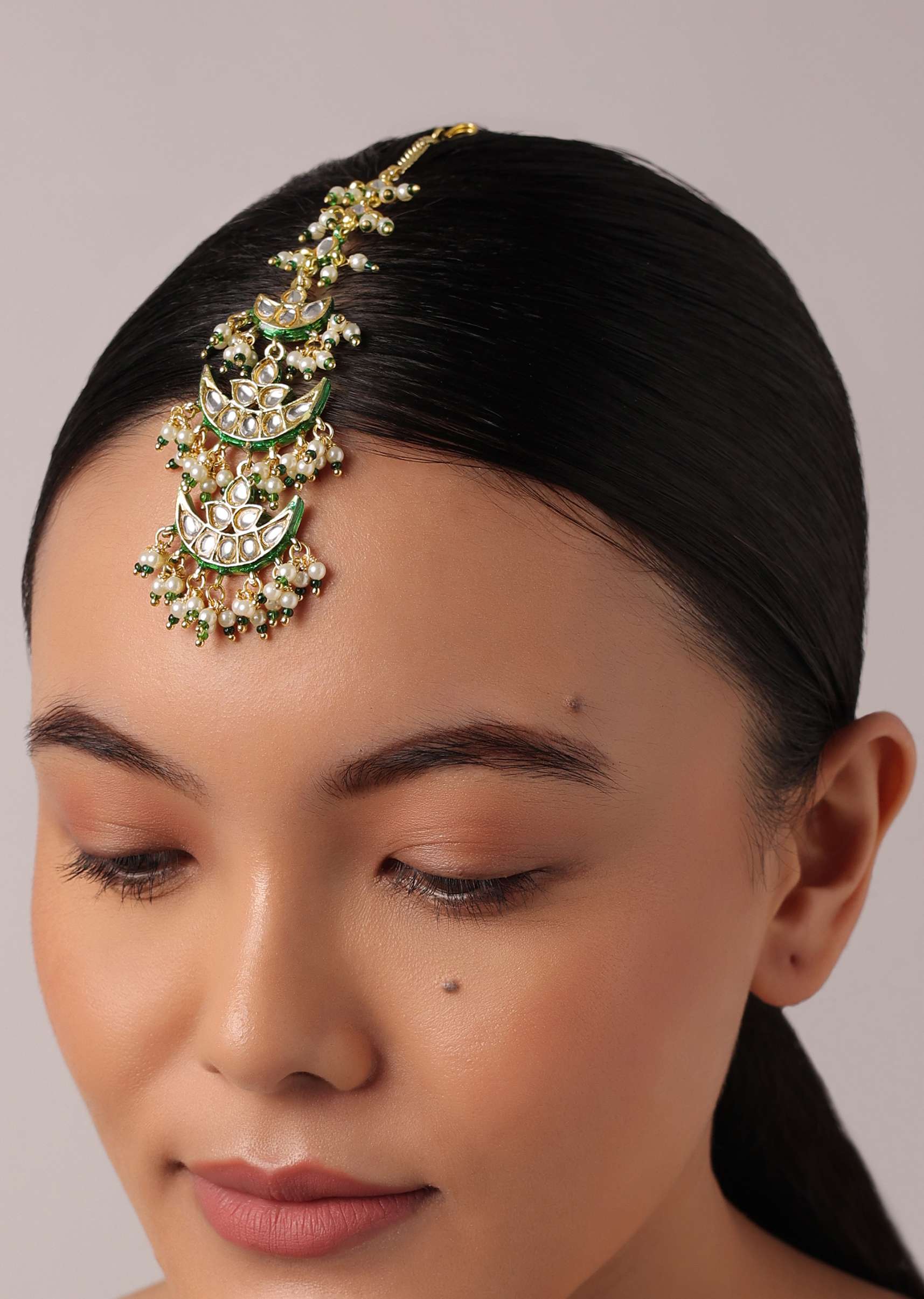 Green Tiered Maangtikka With Studded Kundan And Crescent Moon Motifs - Image 2