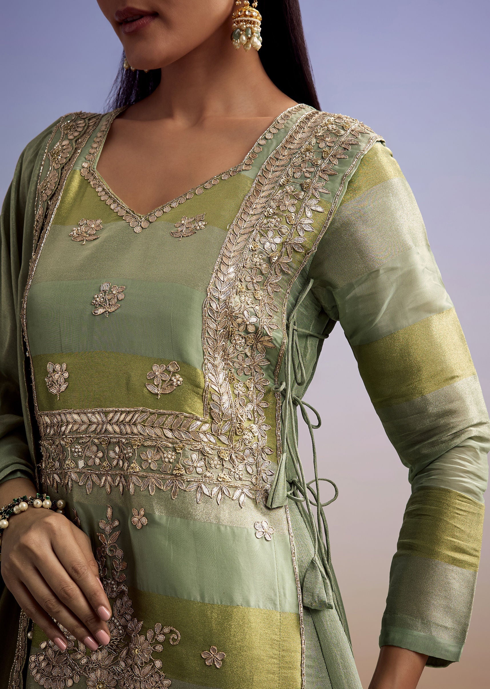 Green Tissue Anarkali Suit With Gotta Work And Dupatta - Image 2