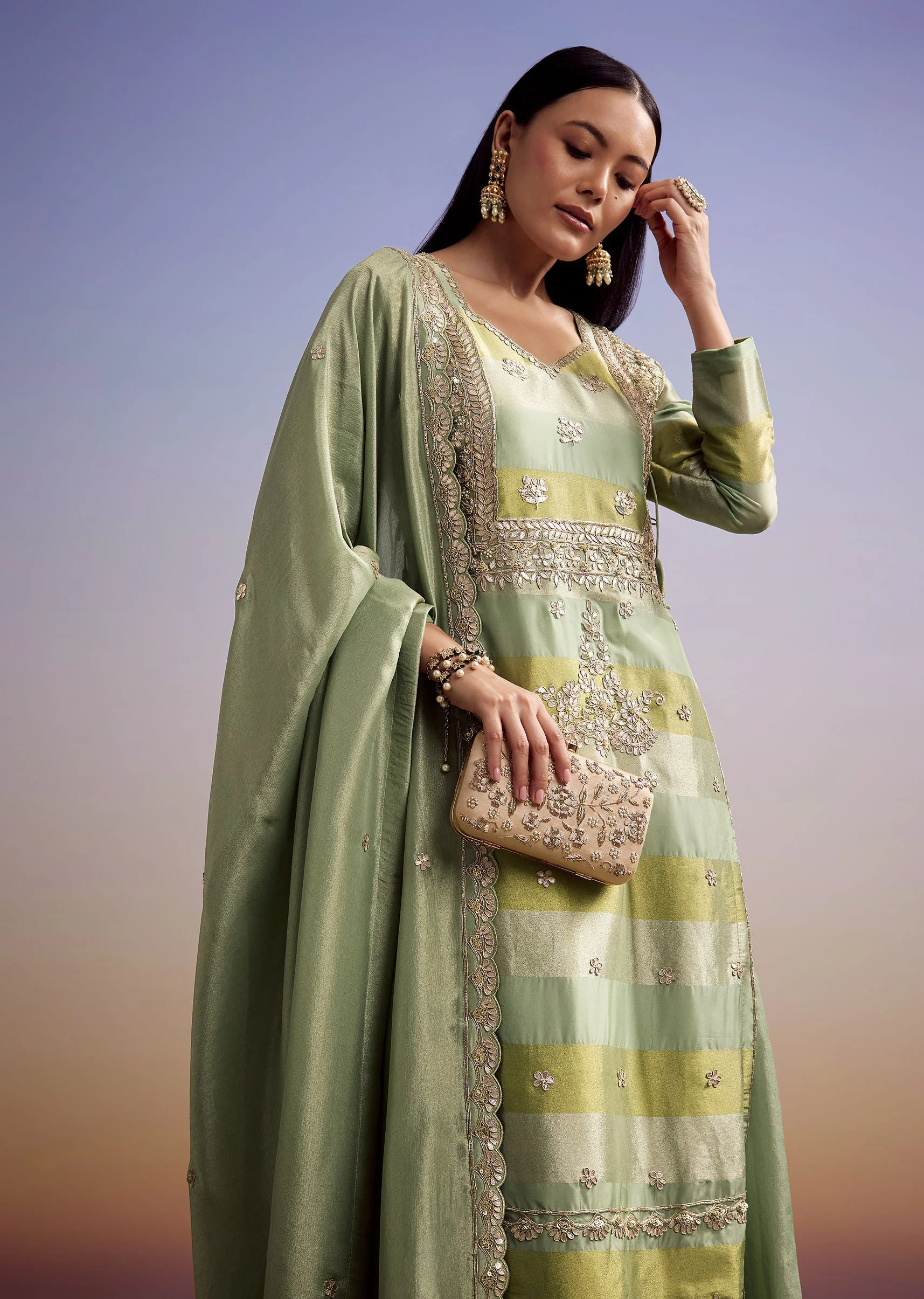 Green Tissue Anarkali Suit With Gotta Work And Dupatta - Image 4