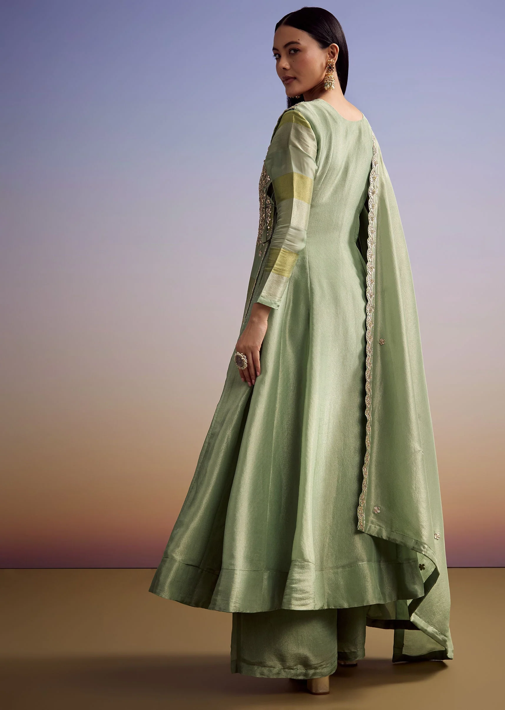 Green Tissue Anarkali Suit With Gotta Work And Dupatta - Image 5