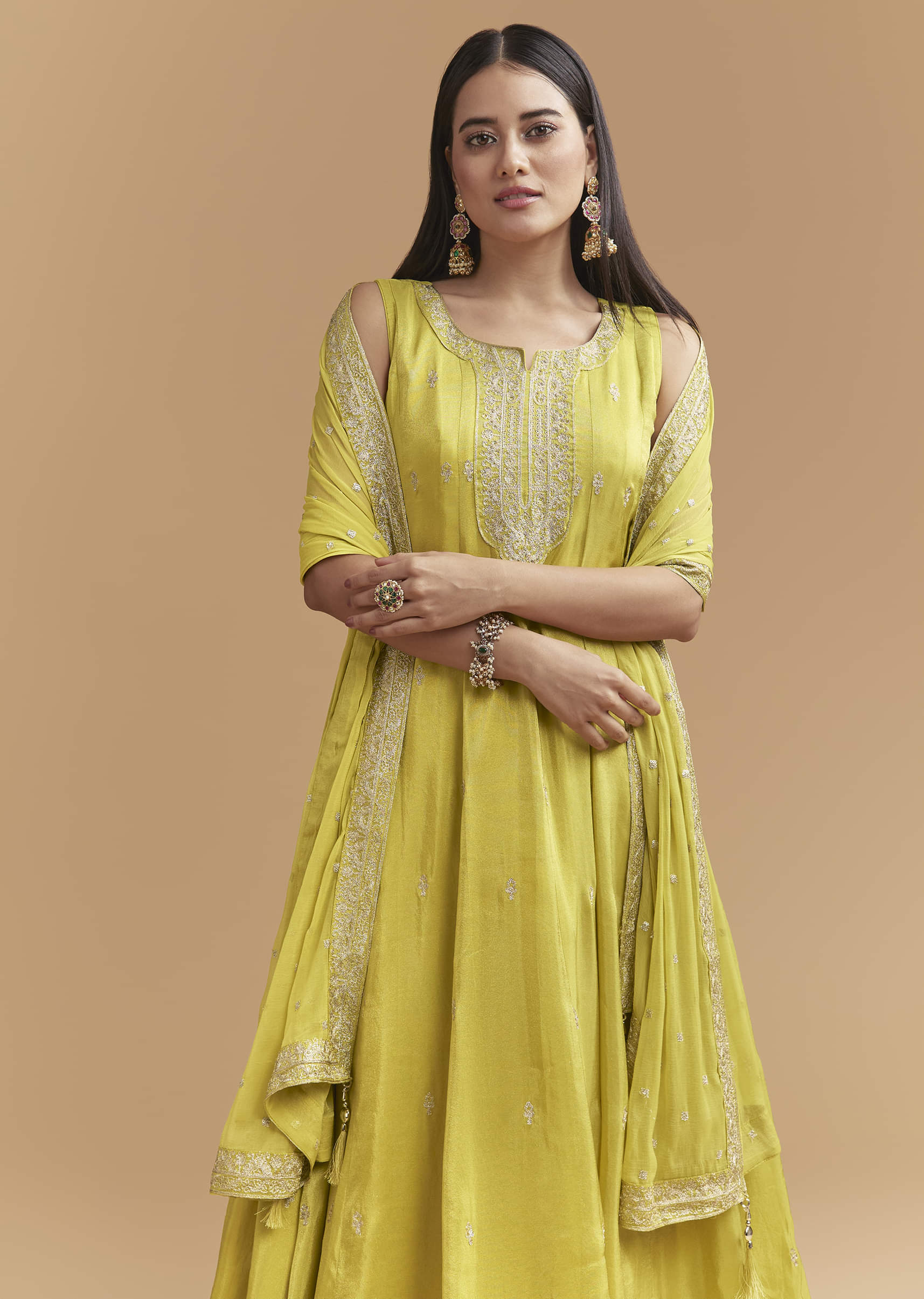 Green Tissue Anarkali Suit With Intricate Zari Work - Image 4