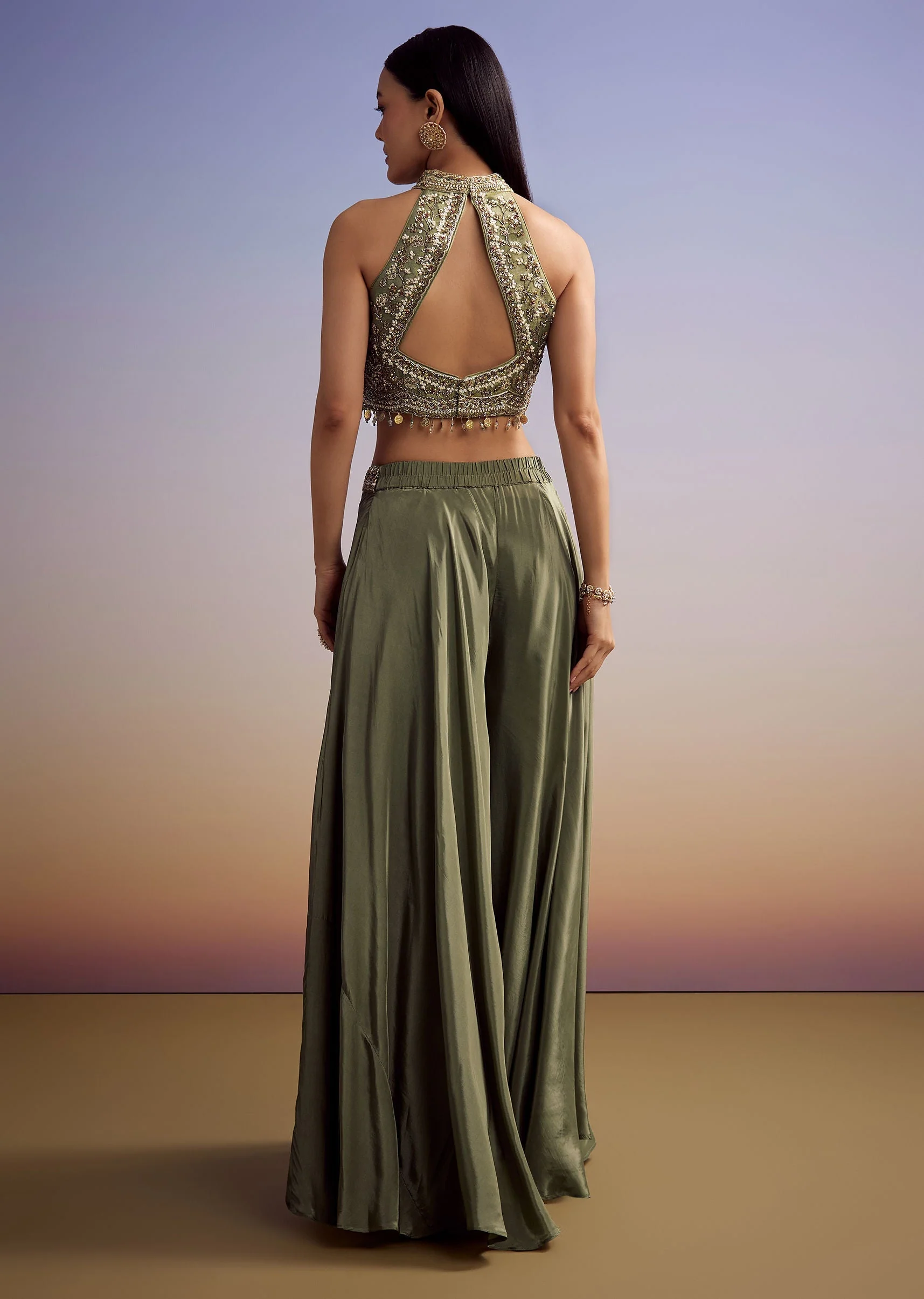 Green Tissue Crop Top Set With Orange Pastel Embroidery - Image 5