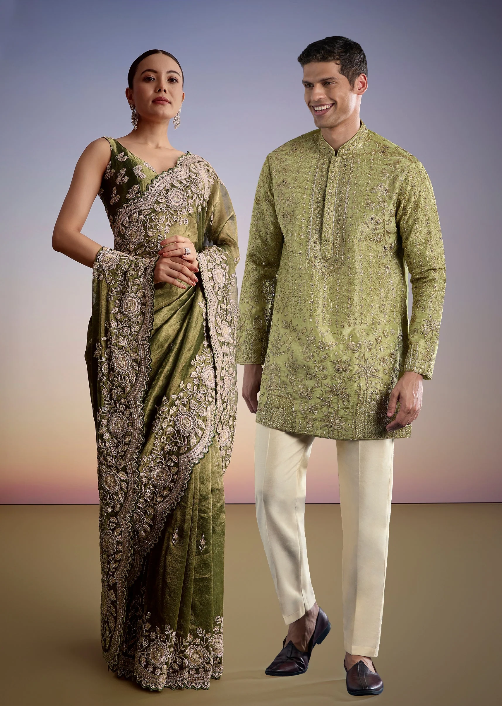 Green Tissue Elegance Couple Set – Olive Green Tissue Saree for Her And Green Tissue Kurta Set for Him - Image 2