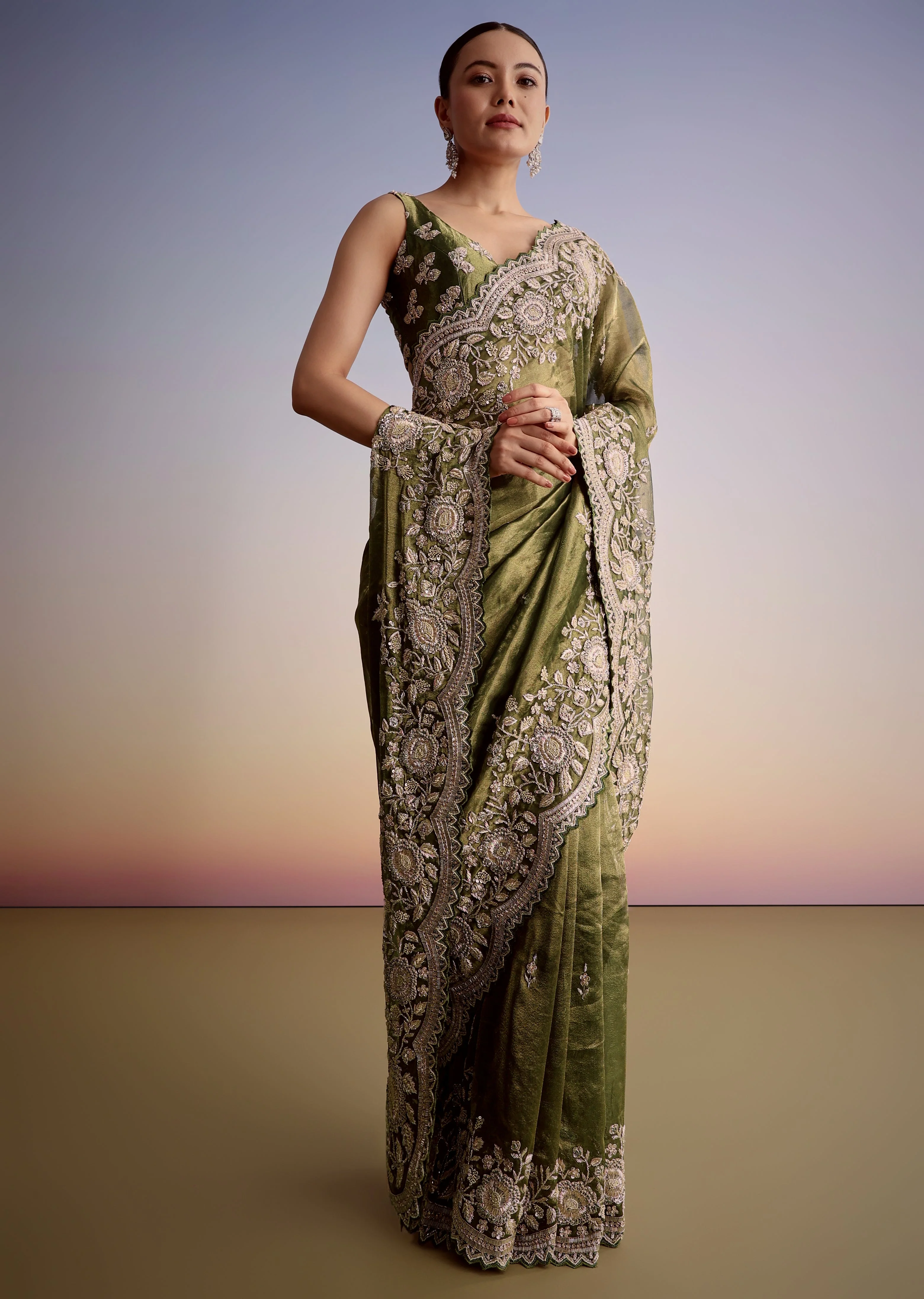 Green Tissue Elegance Couple Set – Olive Green Tissue Saree for Her And Green Tissue Kurta Set for Him - Image 4