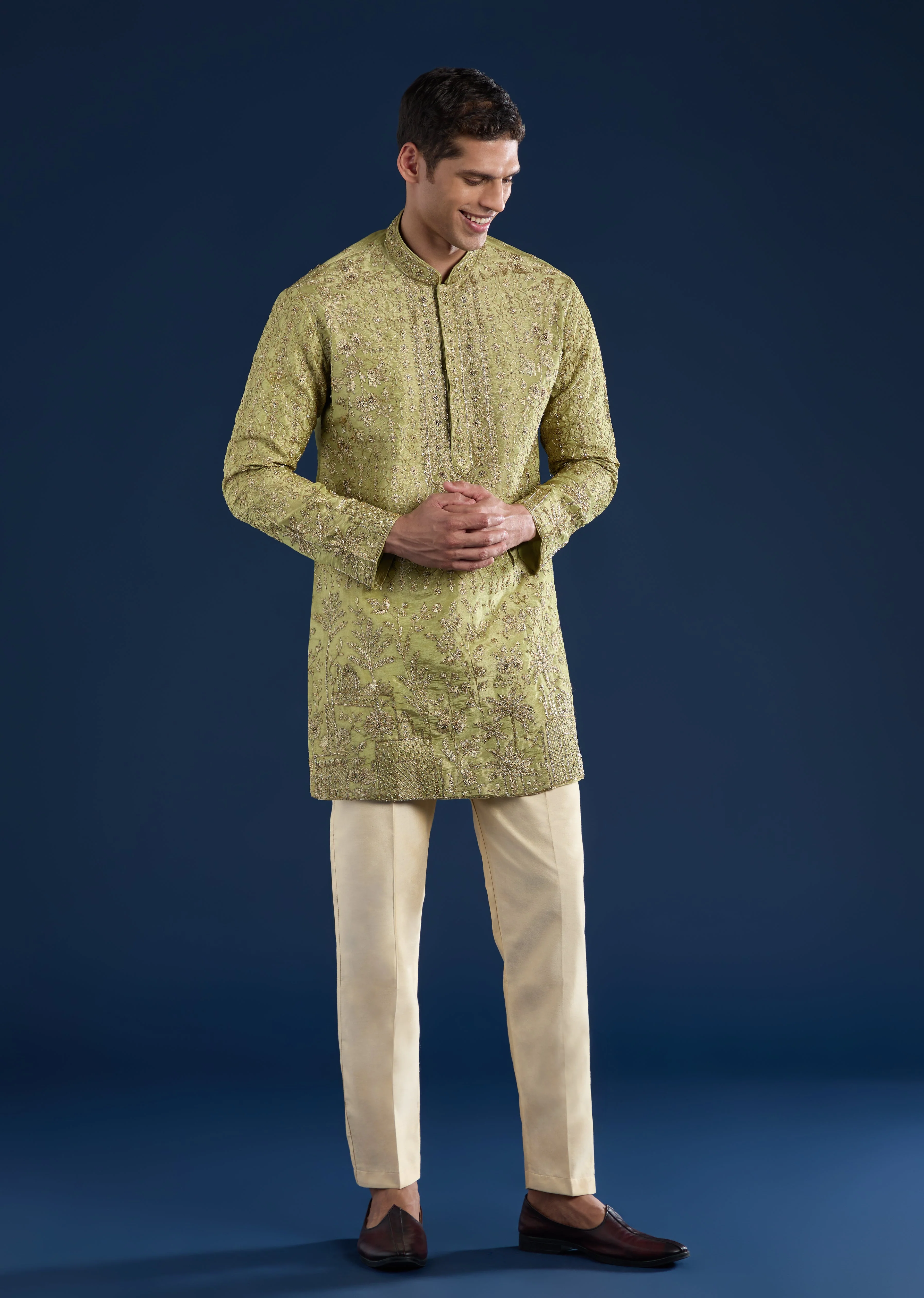 Green Tissue Elegance Couple Set – Olive Green Tissue Saree for Her And Green Tissue Kurta Set for Him - Image 5