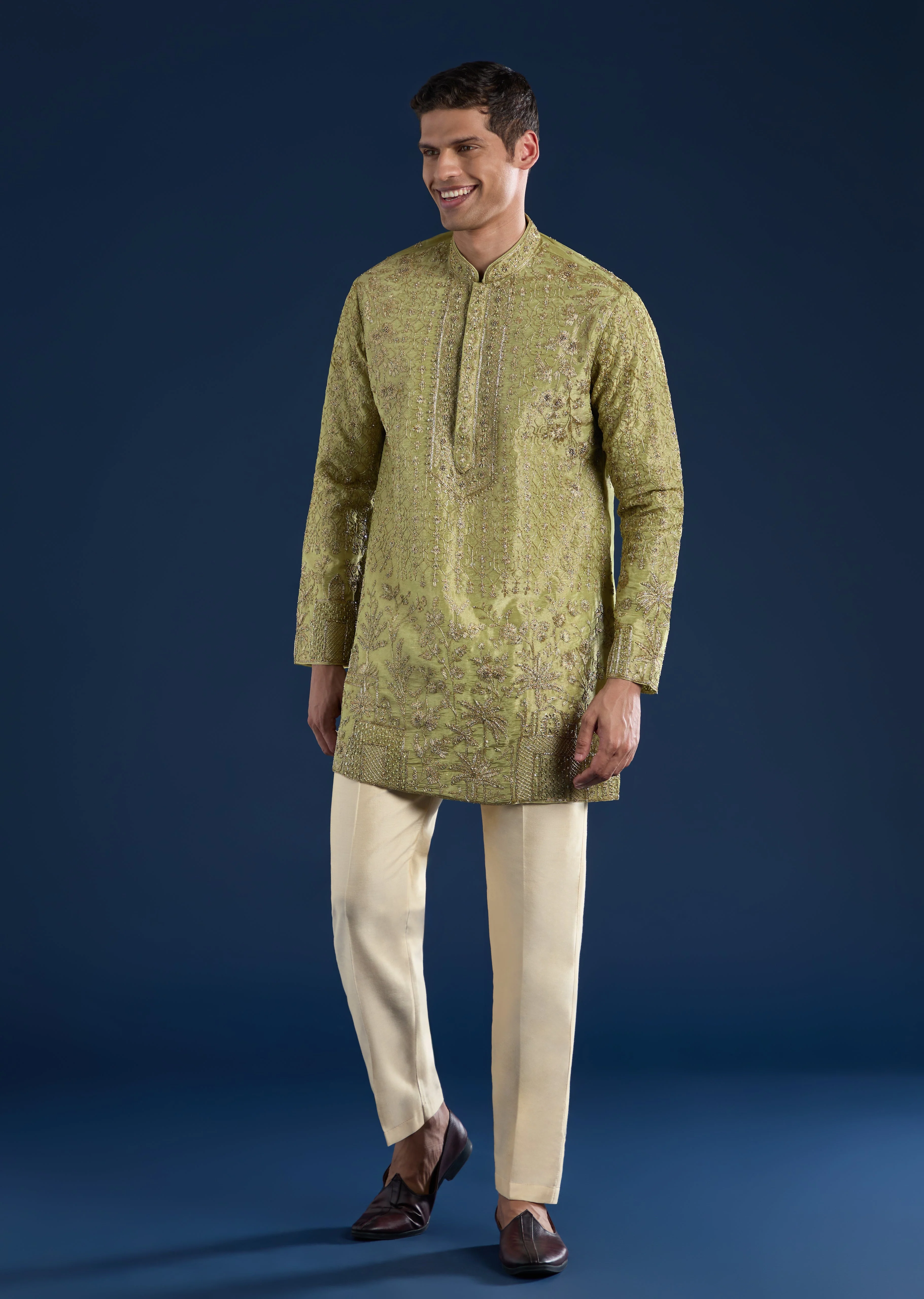 Green Tissue Elegance Couple Set – Olive Green Tissue Saree for Her And Green Tissue Kurta Set for Him - Image 6