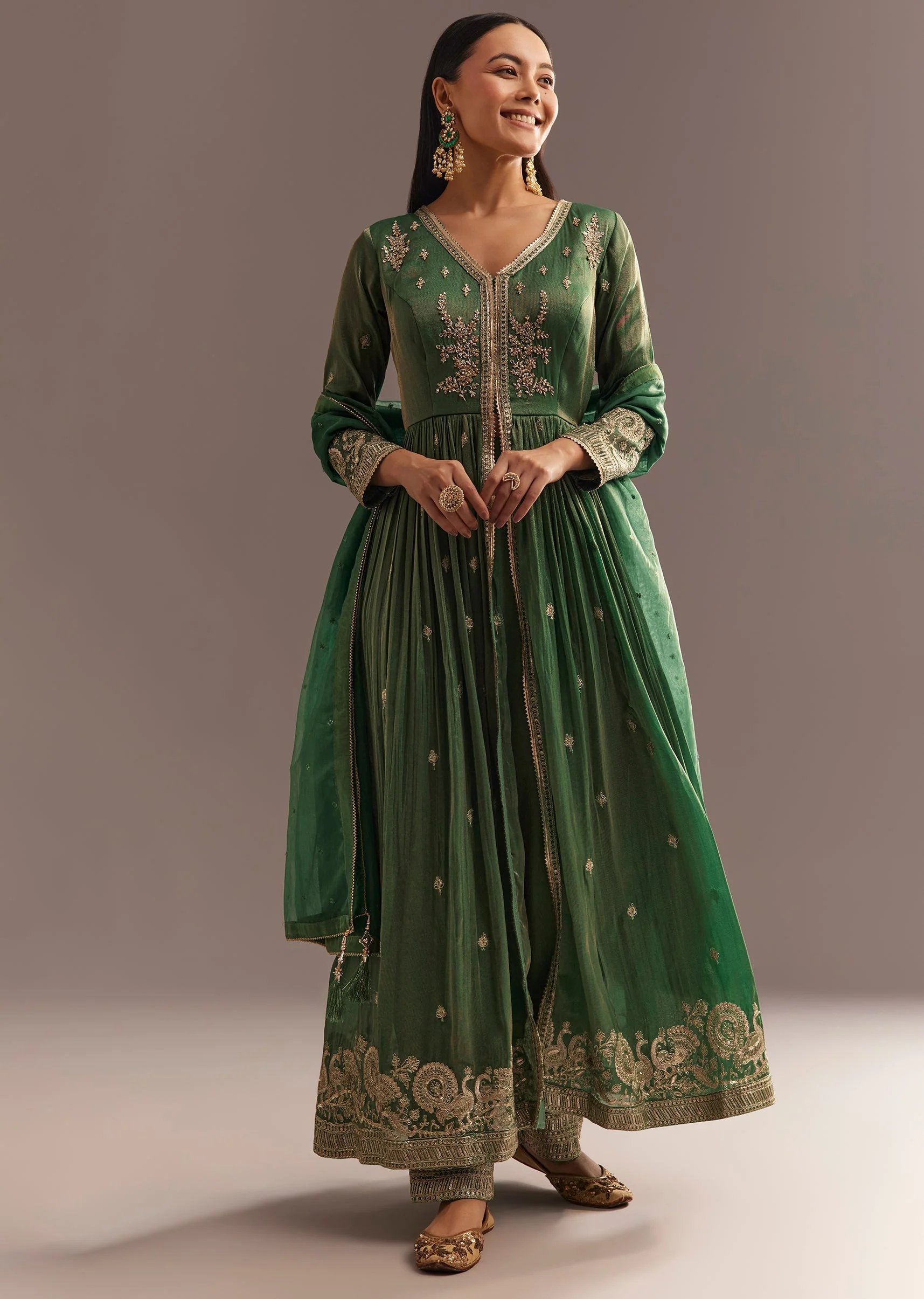 Green Tissue Embroidered Anarkali Pant With Organza Dupatta - Image 3