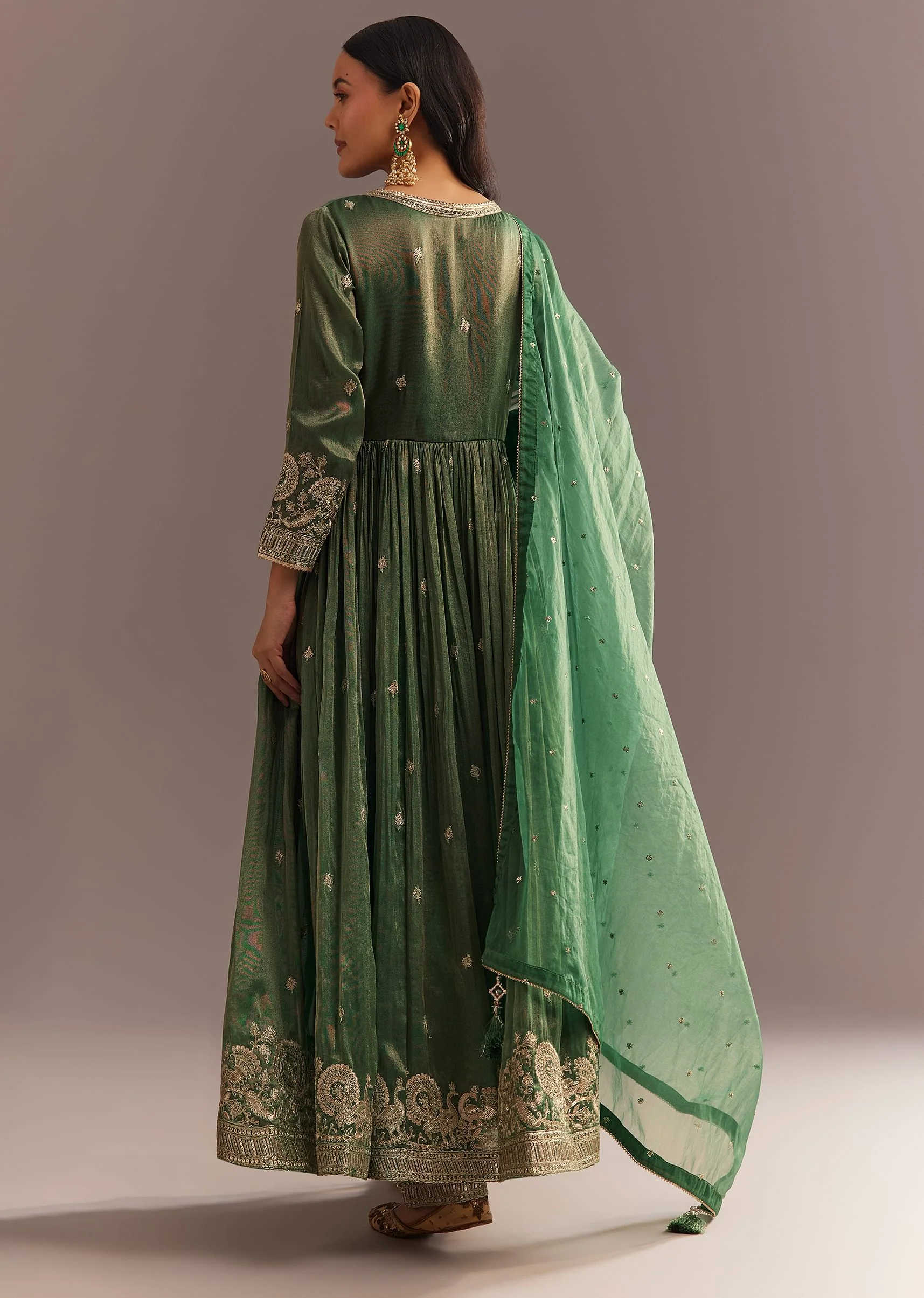 Green Tissue Embroidered Anarkali Pant With Organza Dupatta - Image 5