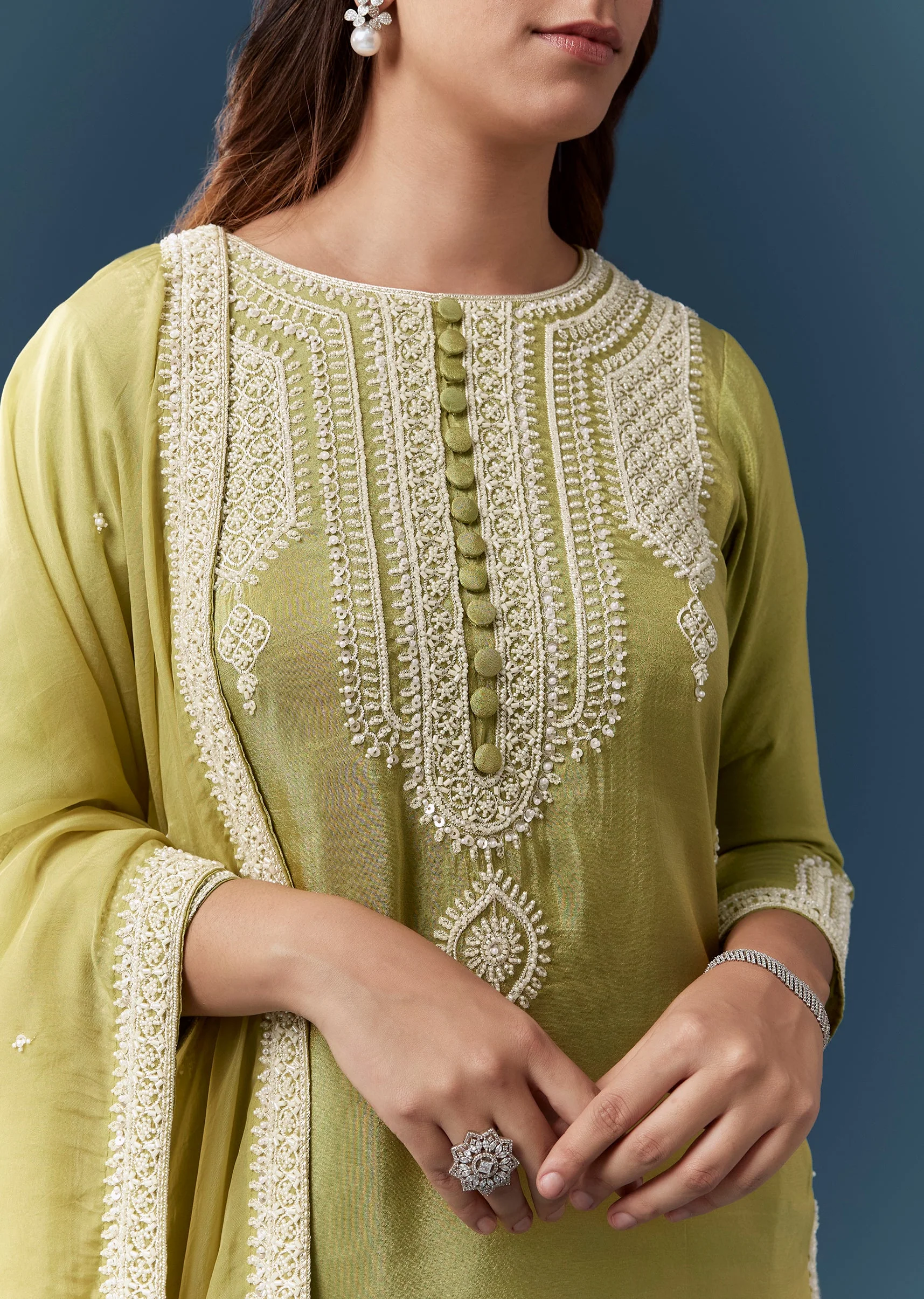 Green Tissue Embroidered Kurta Pant Set - Image 2