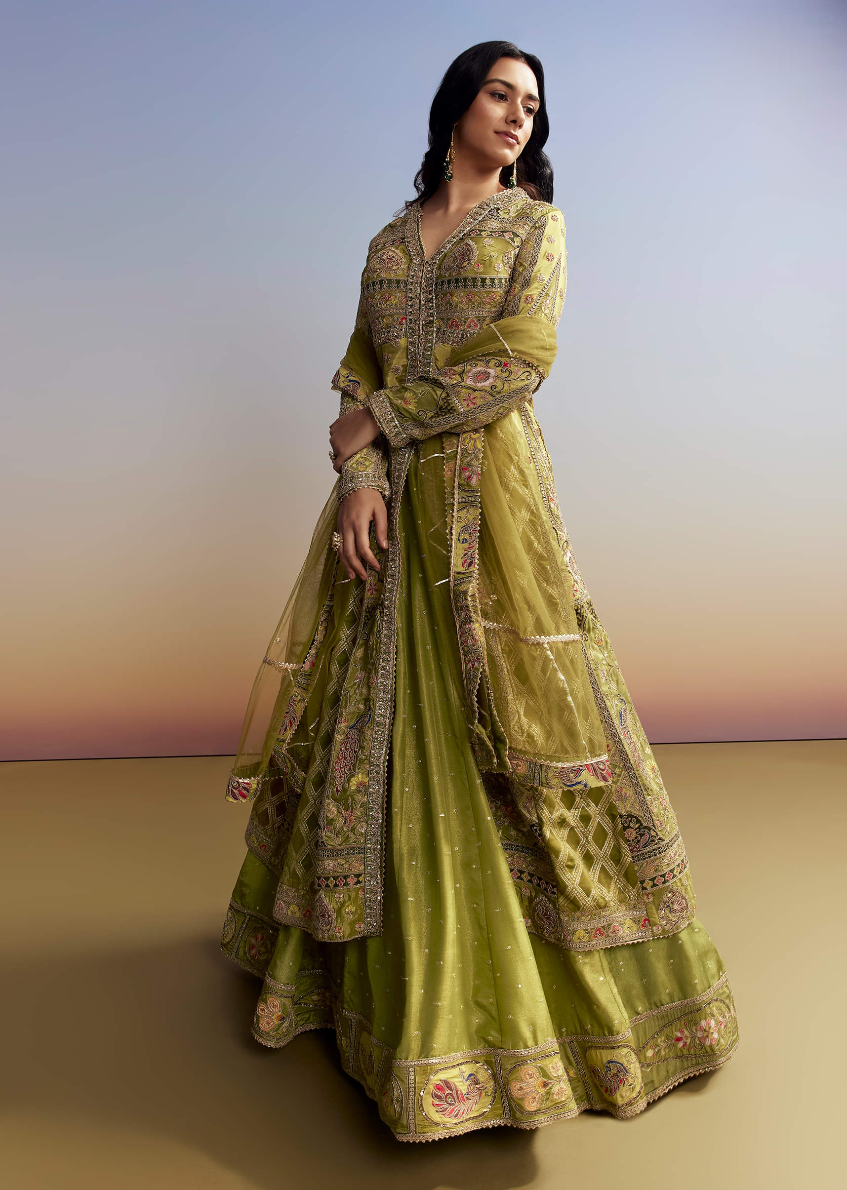 Green Tissue Kurta Lehenga Set - Image 3