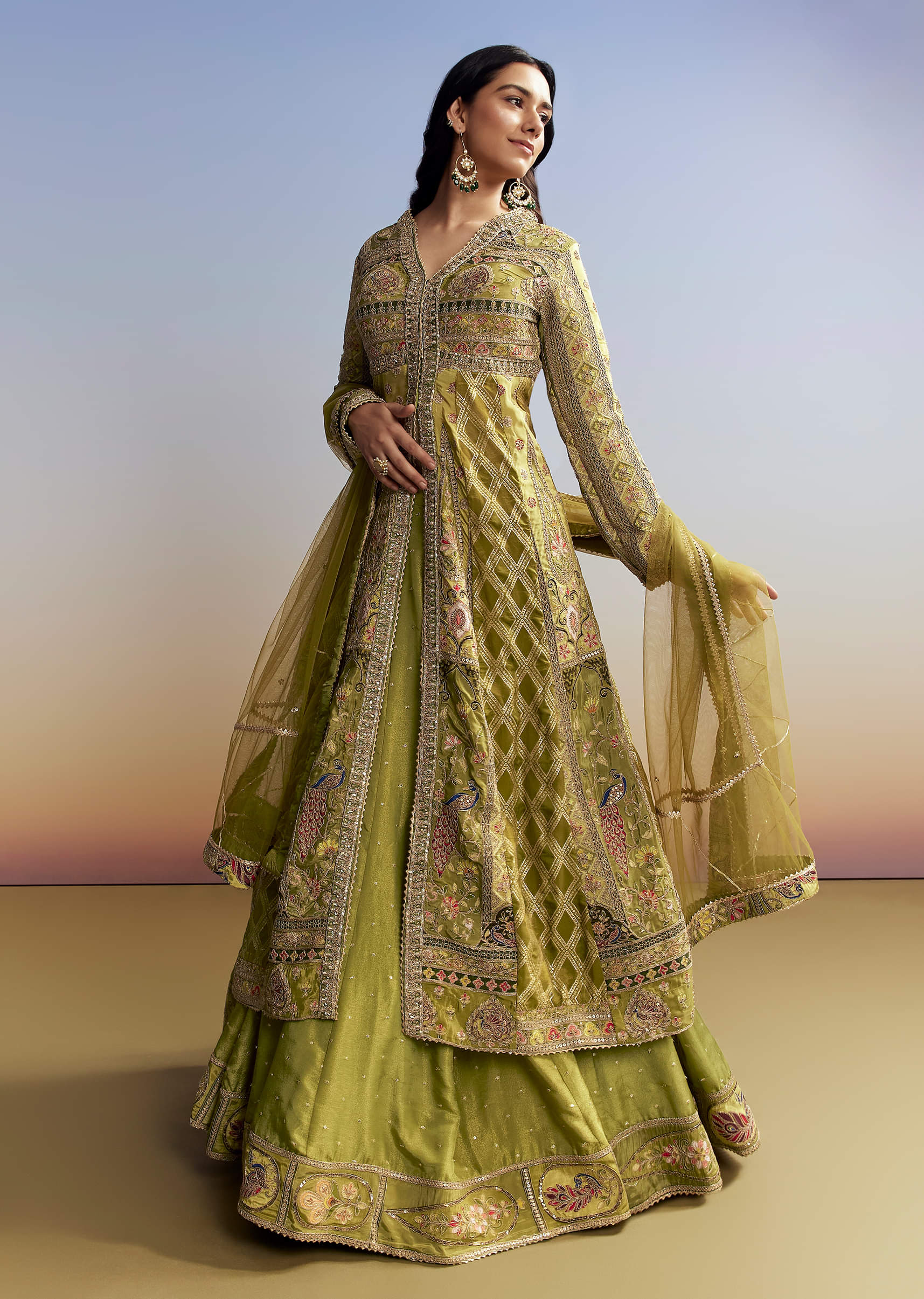 Green Tissue Kurta Lehenga Set - Image 6