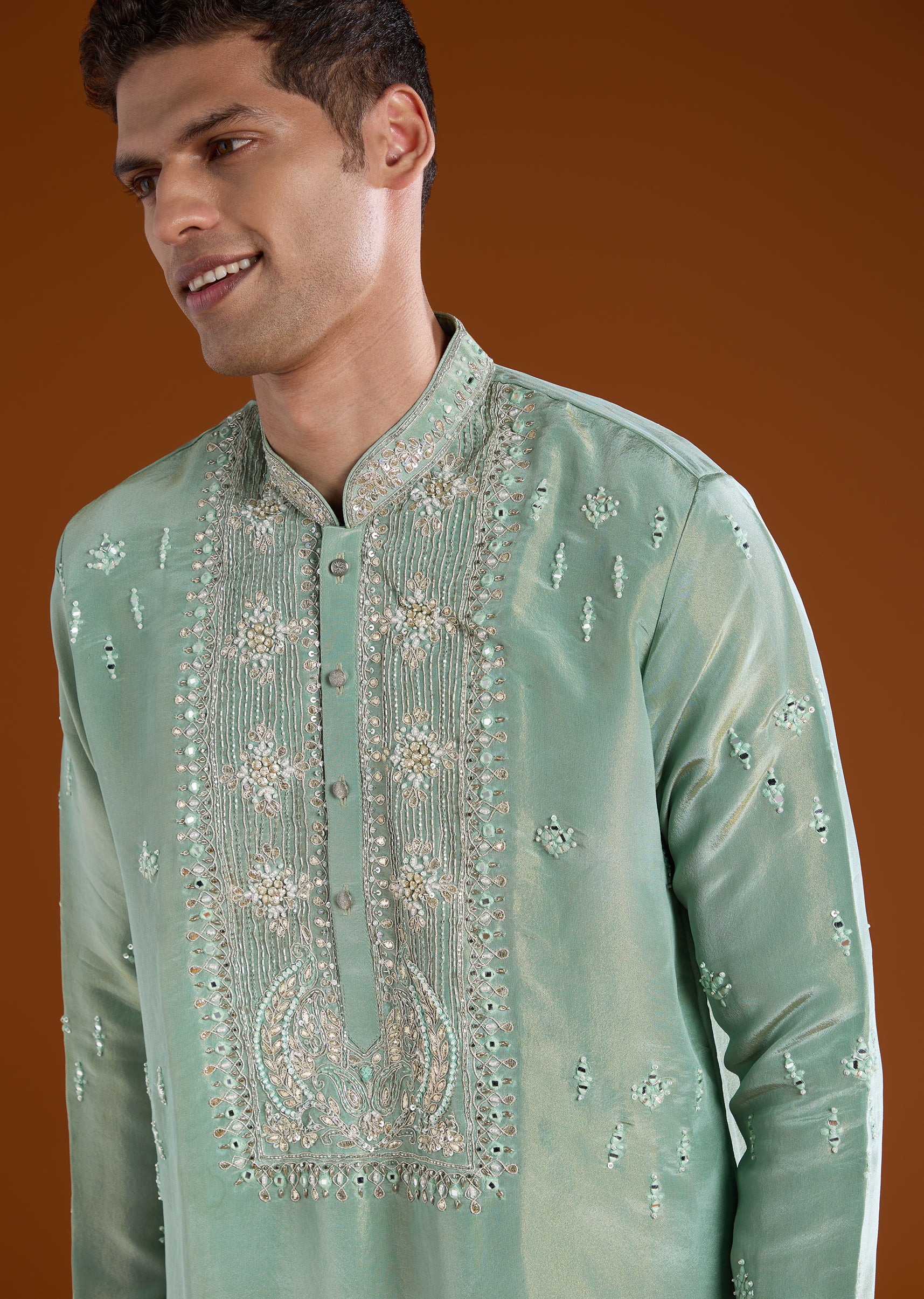 Green Tissue Kurta Set With Cutdana Yoke - Image 2