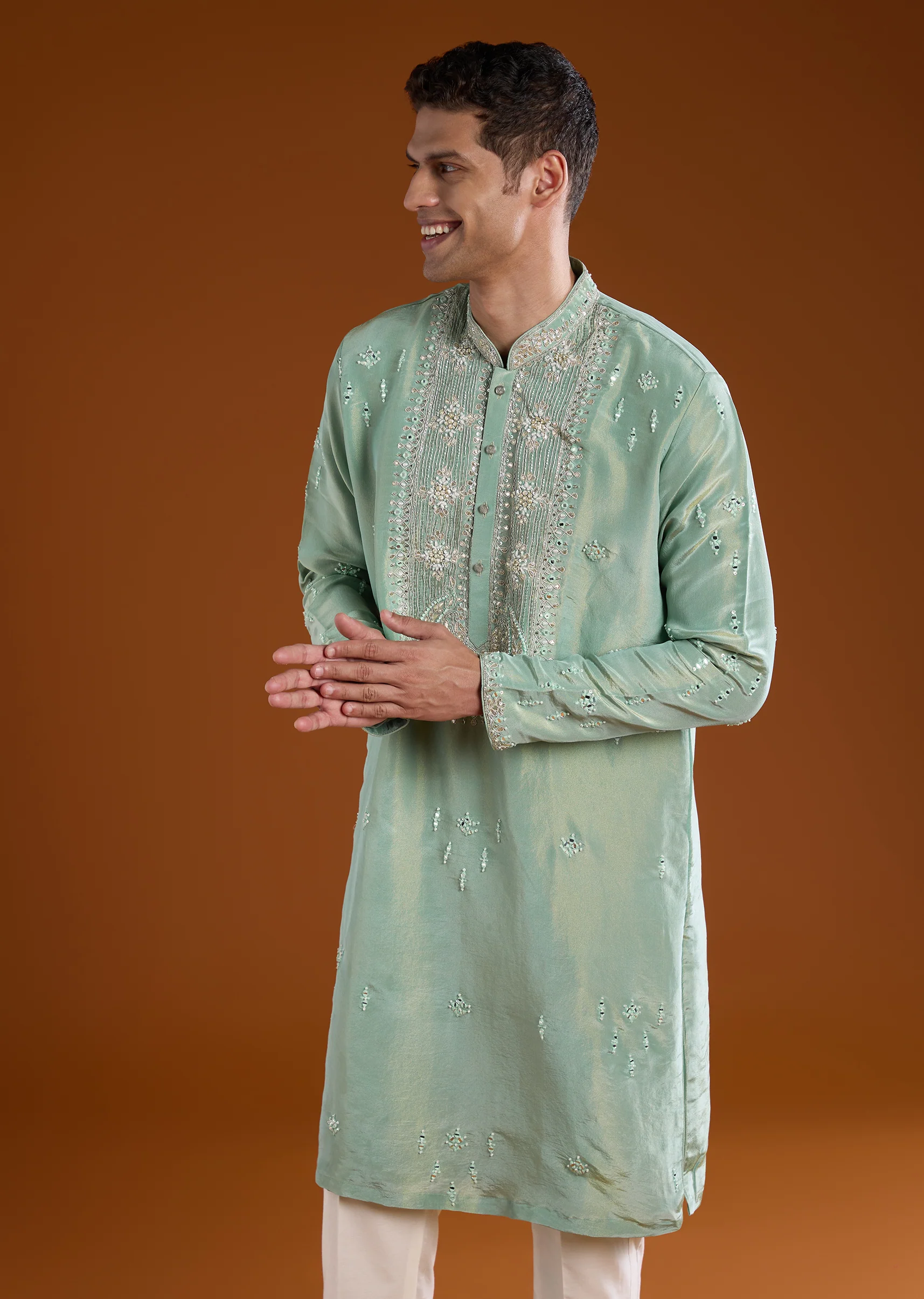 Green Tissue Kurta Set With Cutdana Yoke - Image 4