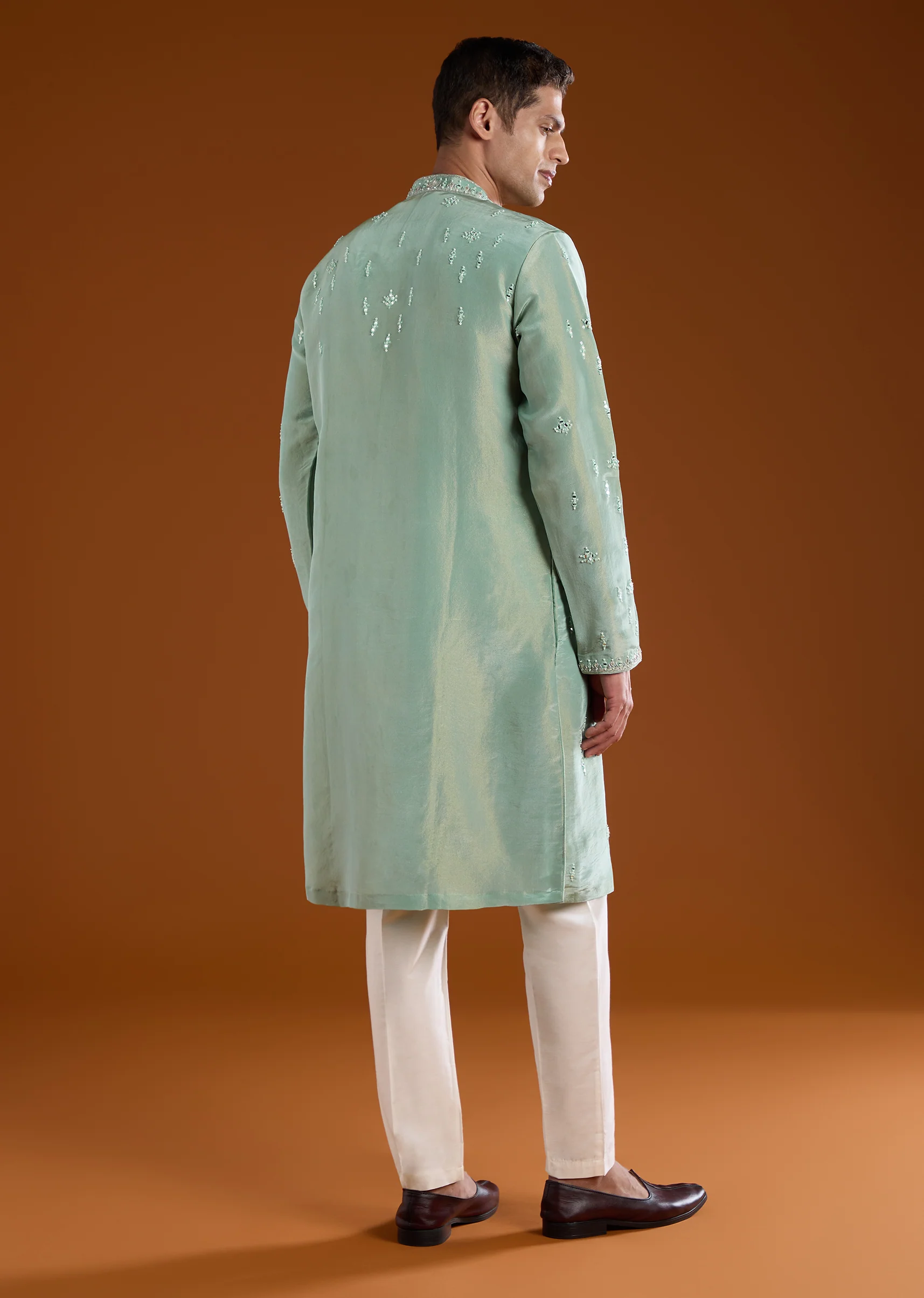 Green Tissue Kurta Set With Cutdana Yoke - Image 5