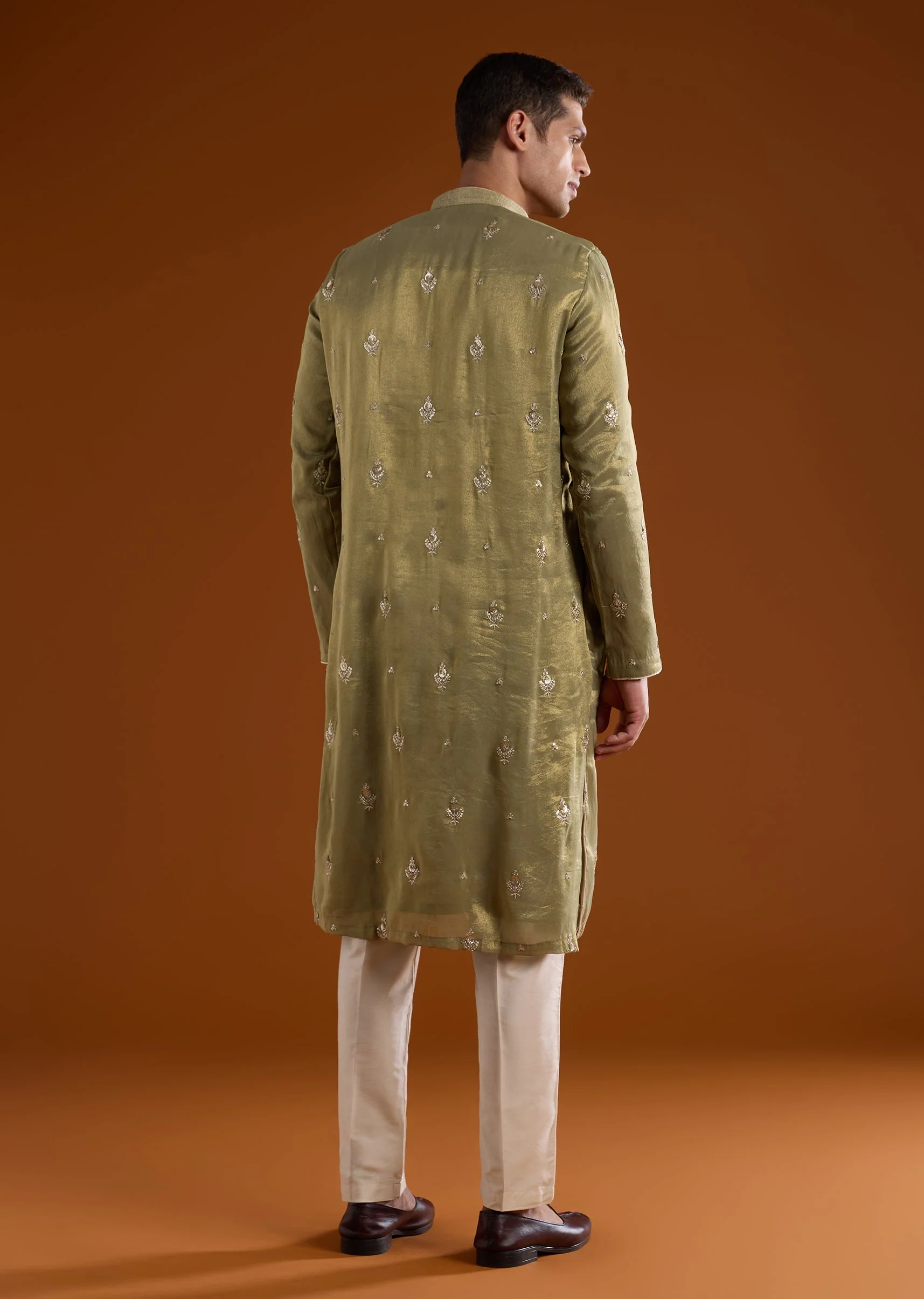 Green Tissue Mens Kurta Set With Thread Sequins And Zardosi Work - Image 5