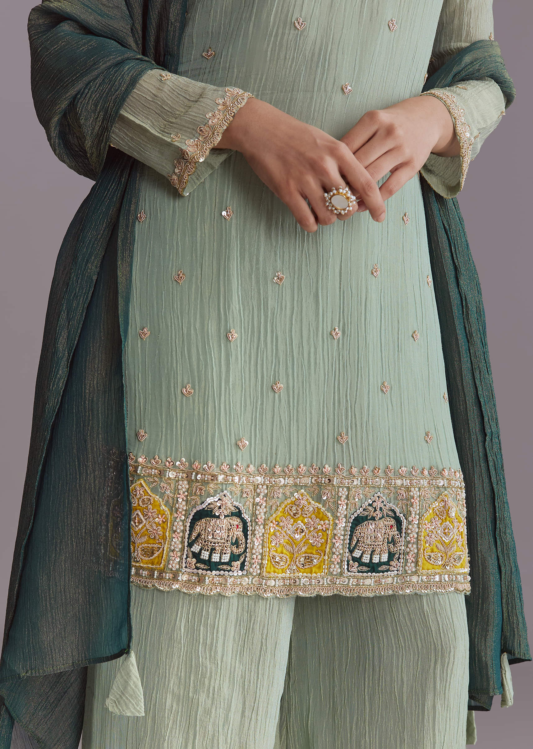 Green Tissue Palazzo Suit With Embroidery And Contrast Dupatta - Image 2