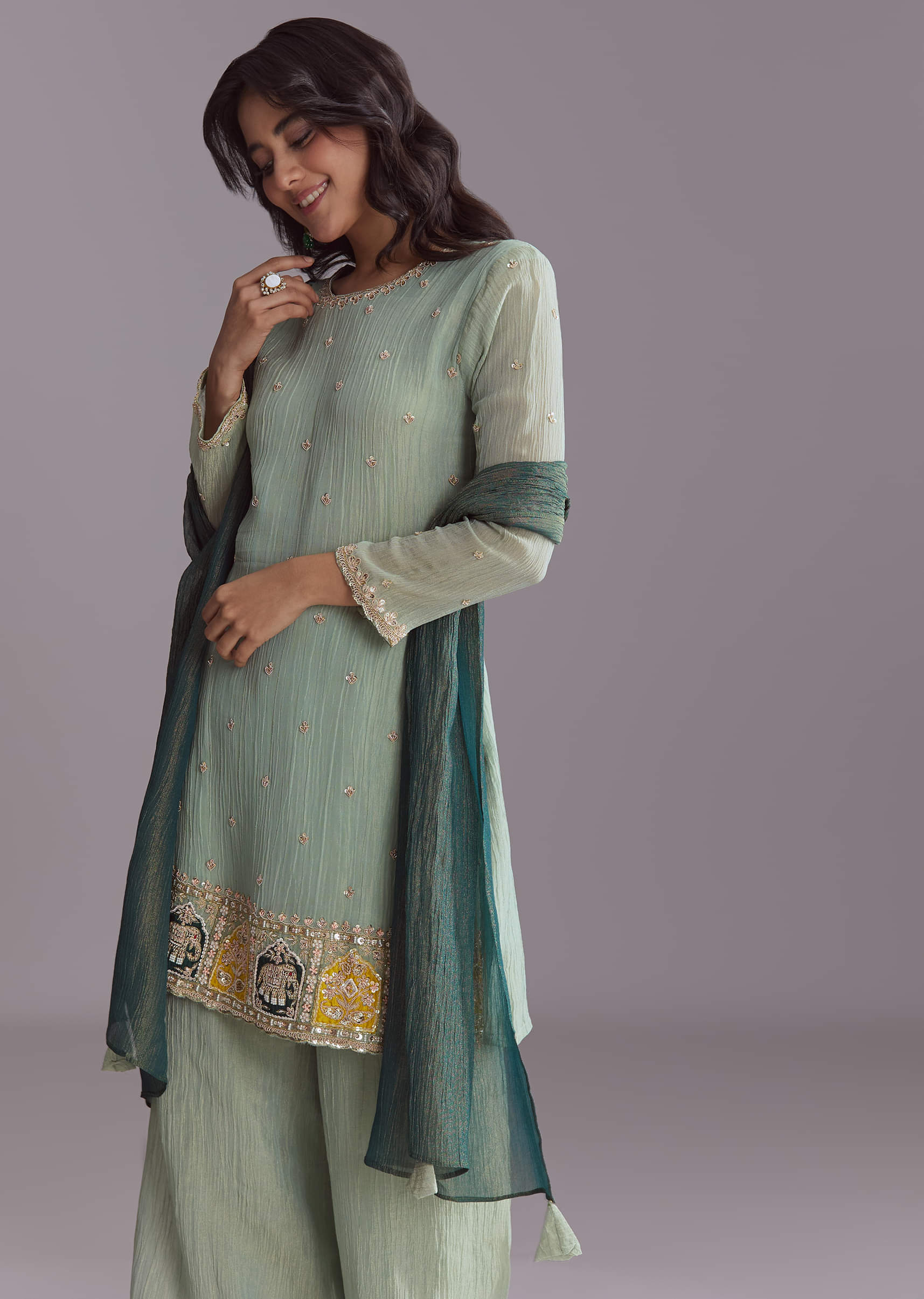 Green Tissue Palazzo Suit With Embroidery And Contrast Dupatta - Image 4