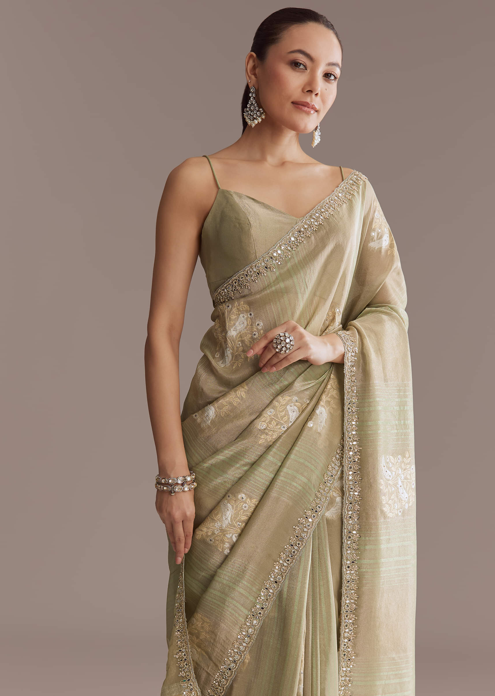 Green Tissue Saree With Mirror And Bead Embroidery - Image 9