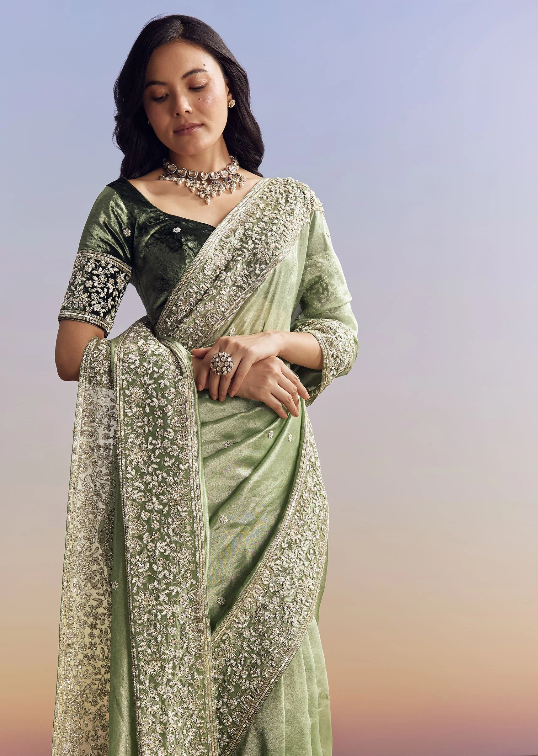 Green Tissue Saree With Velvet Blouse And Richly Embroidered Borders - Image 5