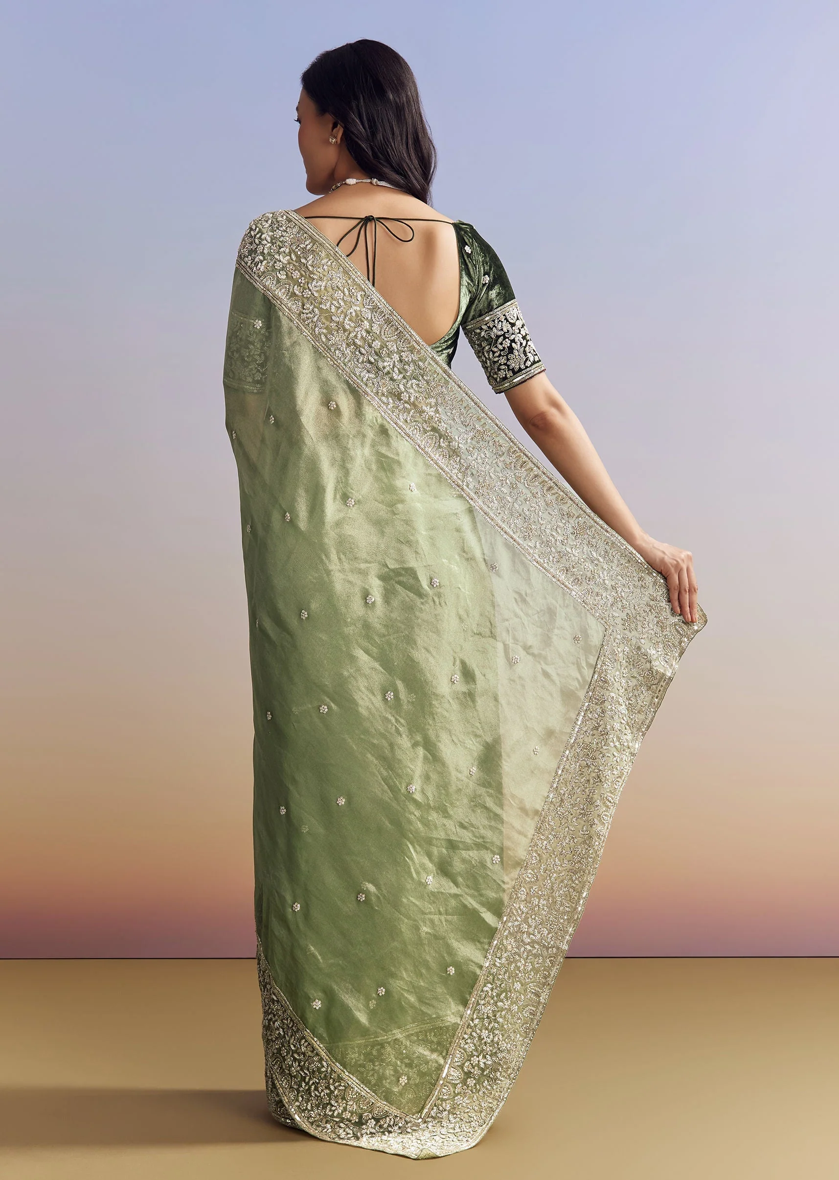Green Tissue Saree With Velvet Blouse And Richly Embroidered Borders - Image 6