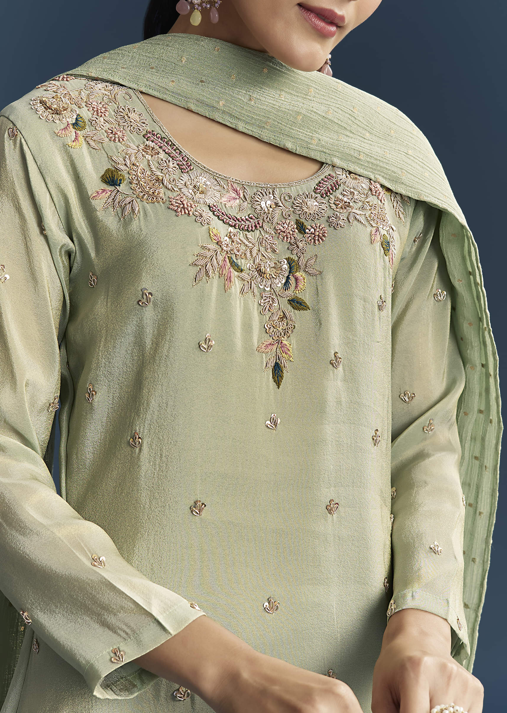 Green Tissue Sharara Suit With Zardosi And Resham Embroidery - Image 2