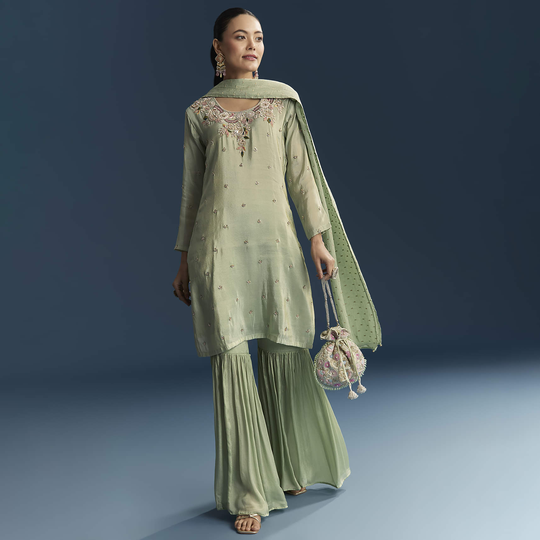 Green Tissue Sharara Suit With Zardosi And Resham Embroidery - Image 3