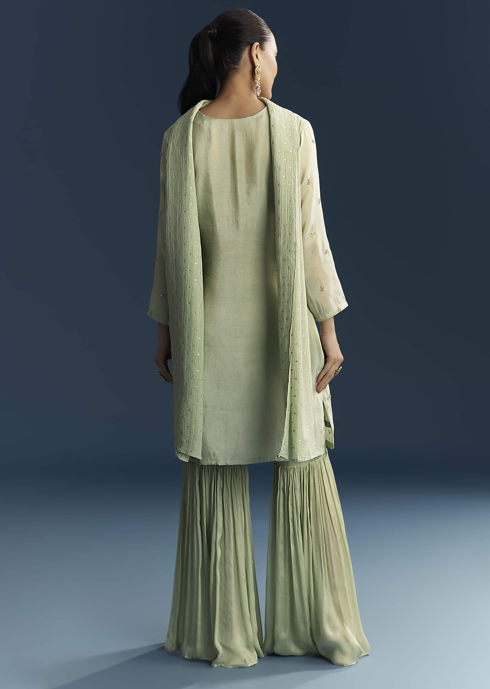 Green Tissue Sharara Suit With Zardosi And Resham Embroidery - Image 5