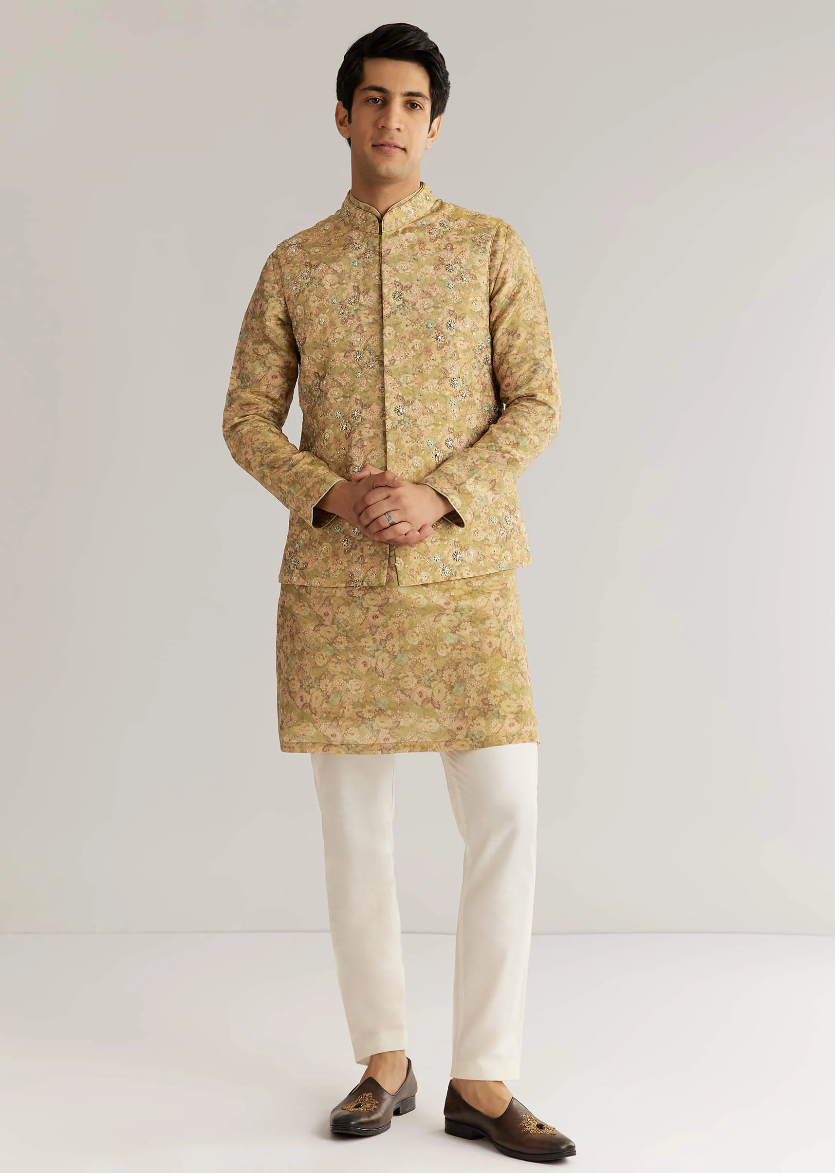 Green Tissue Stone Sequins Kurta Jacket Set - Image 2