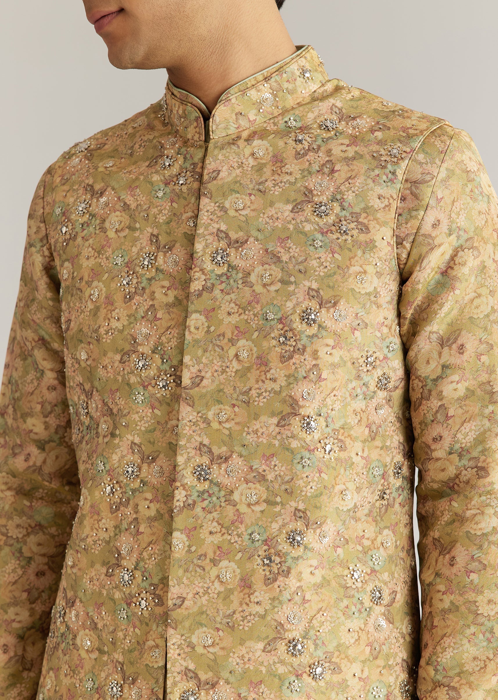 Green Tissue Stone Sequins Kurta Jacket Set - Image 3