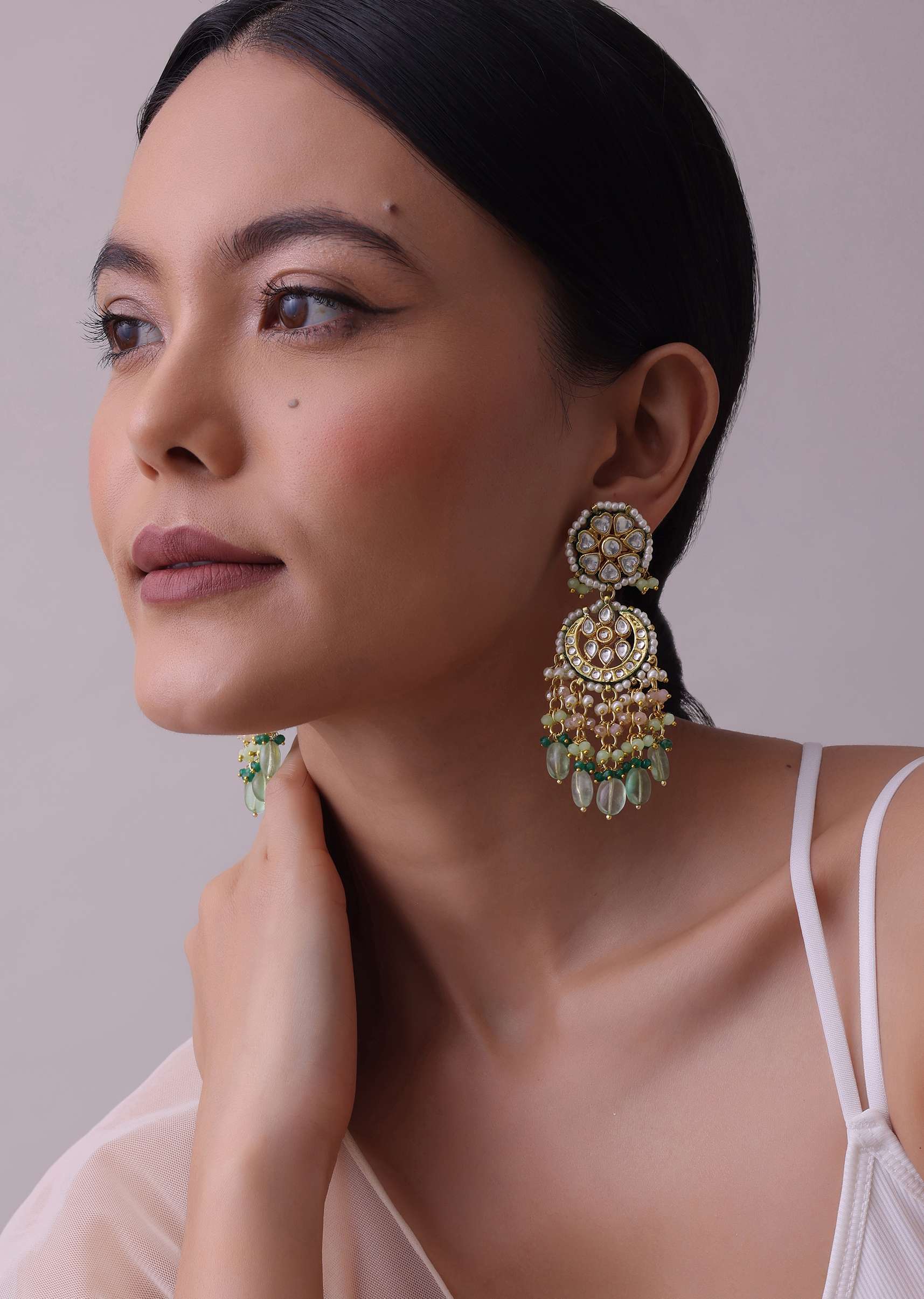 Green Toned Gold-Finish Kundan Choker Necklace Set With Colourful Meenakari Work In Mix Metal - Image 3