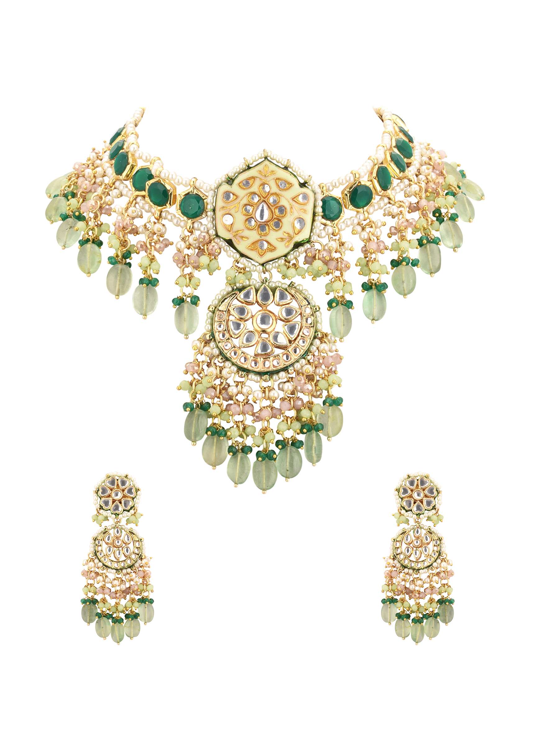 Green Toned Gold-Finish Kundan Choker Necklace Set With Colourful Meenakari Work In Mix Metal - Image 7