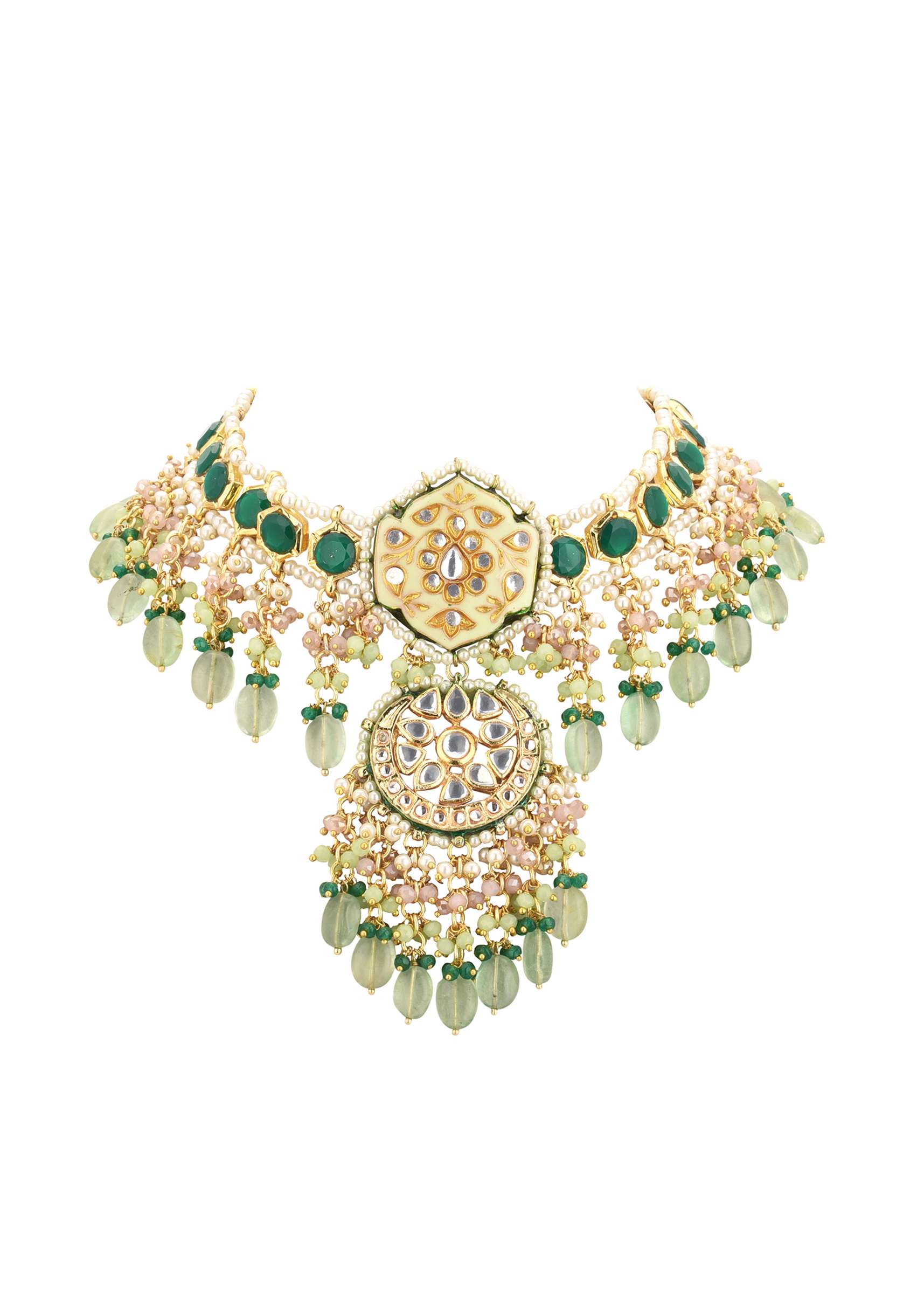 Green Toned Gold-Finish Kundan Choker Necklace Set With Colourful Meenakari Work In Mix Metal - Image 8