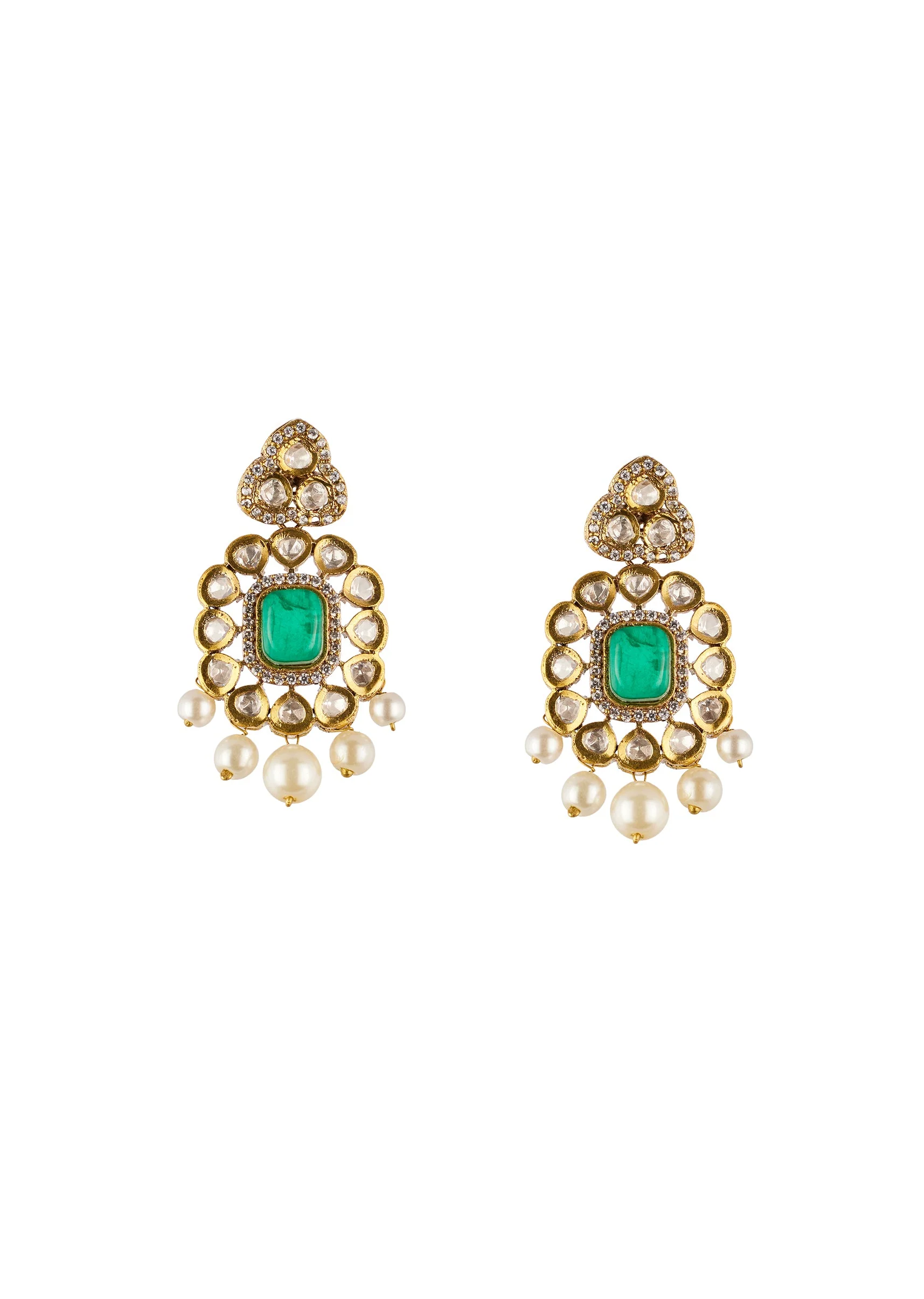 Green Traditional Kundan Polki Necklace Set with Faux Beads and Stones - Image 3
