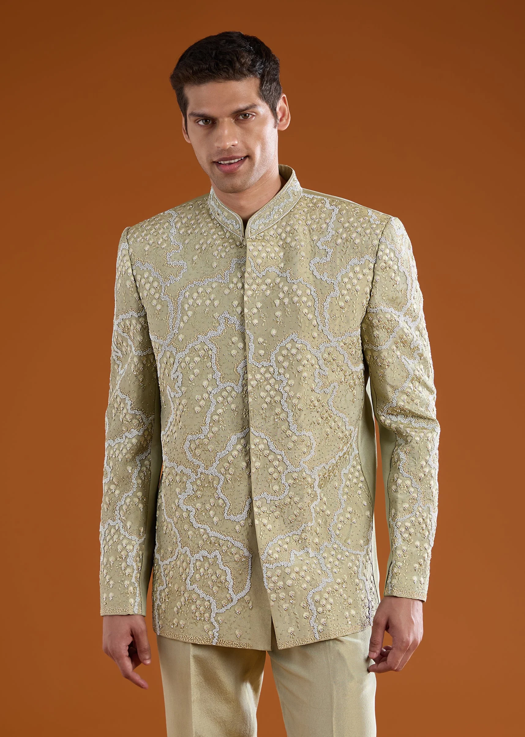 Green Tussar Jodhpuri Set with Cutdana Work - Image 3