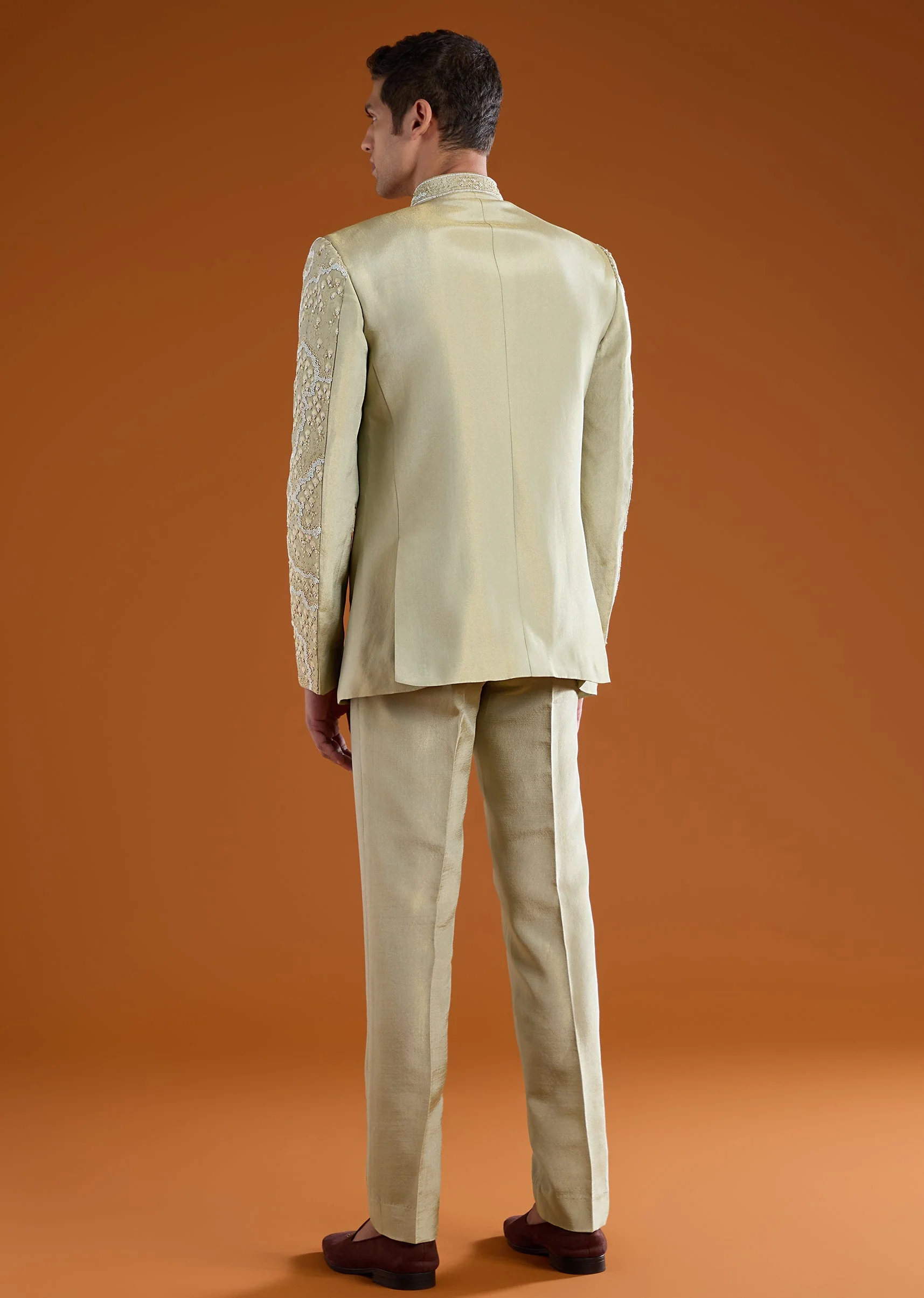 Green Tussar Jodhpuri Set with Cutdana Work - Image 5