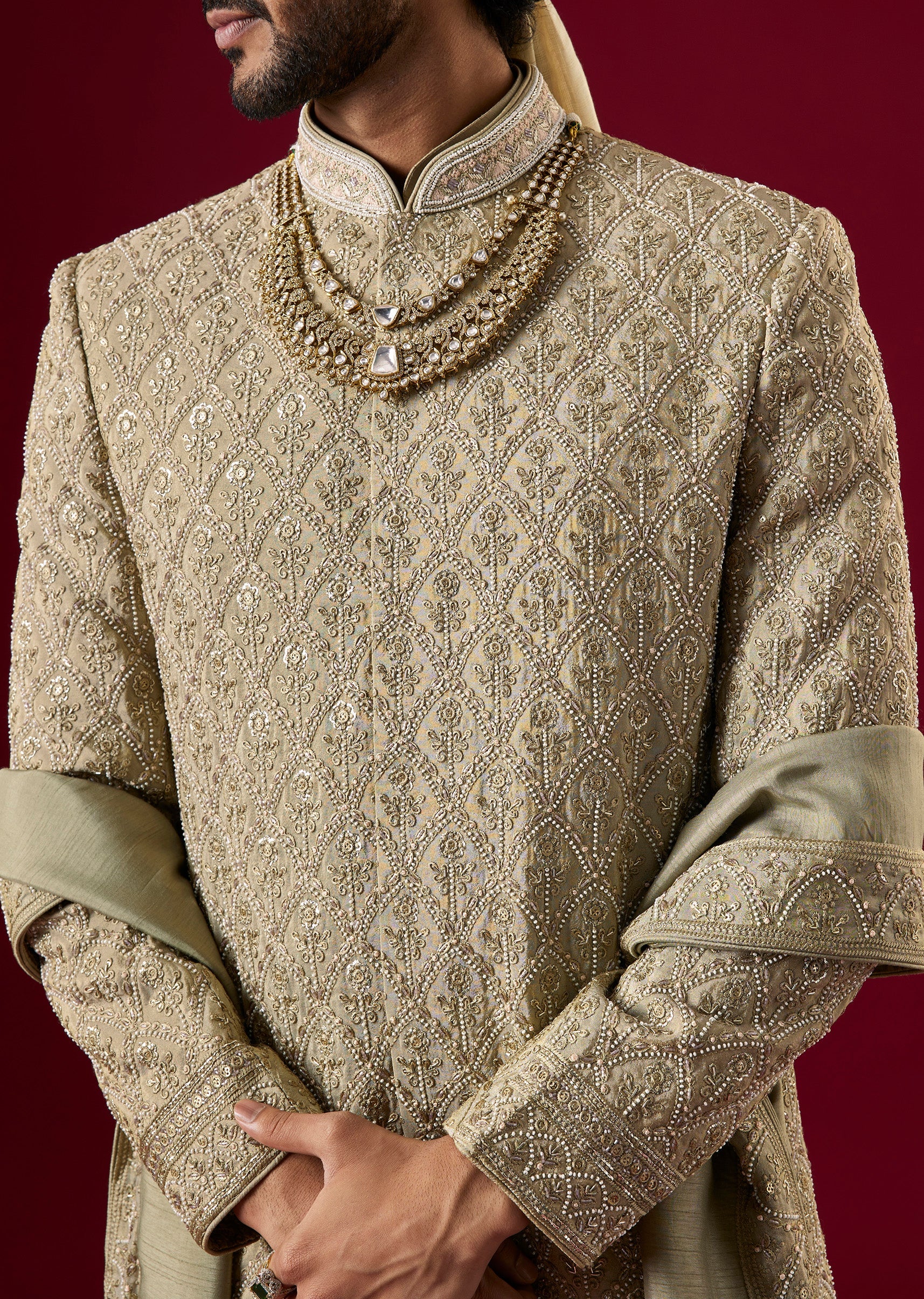 Green Tussar Sherwani Set With Zardosi Work - Image 5