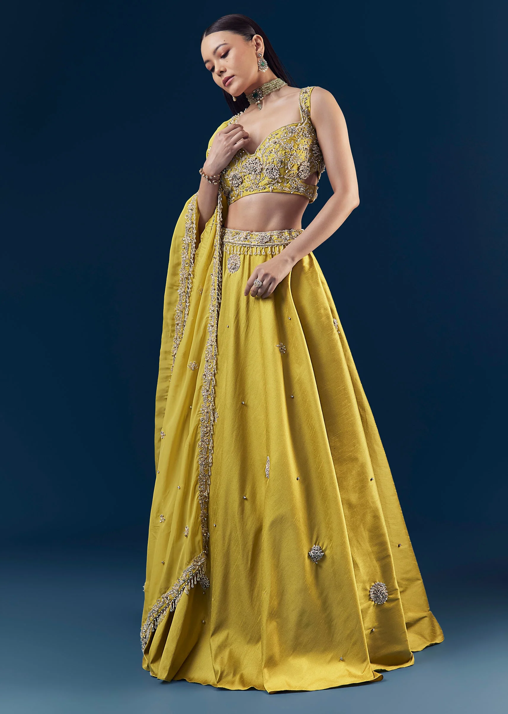 Green Tusser Silk Bridesmaid Lehenga Set with Hand Embroidery - Image 4