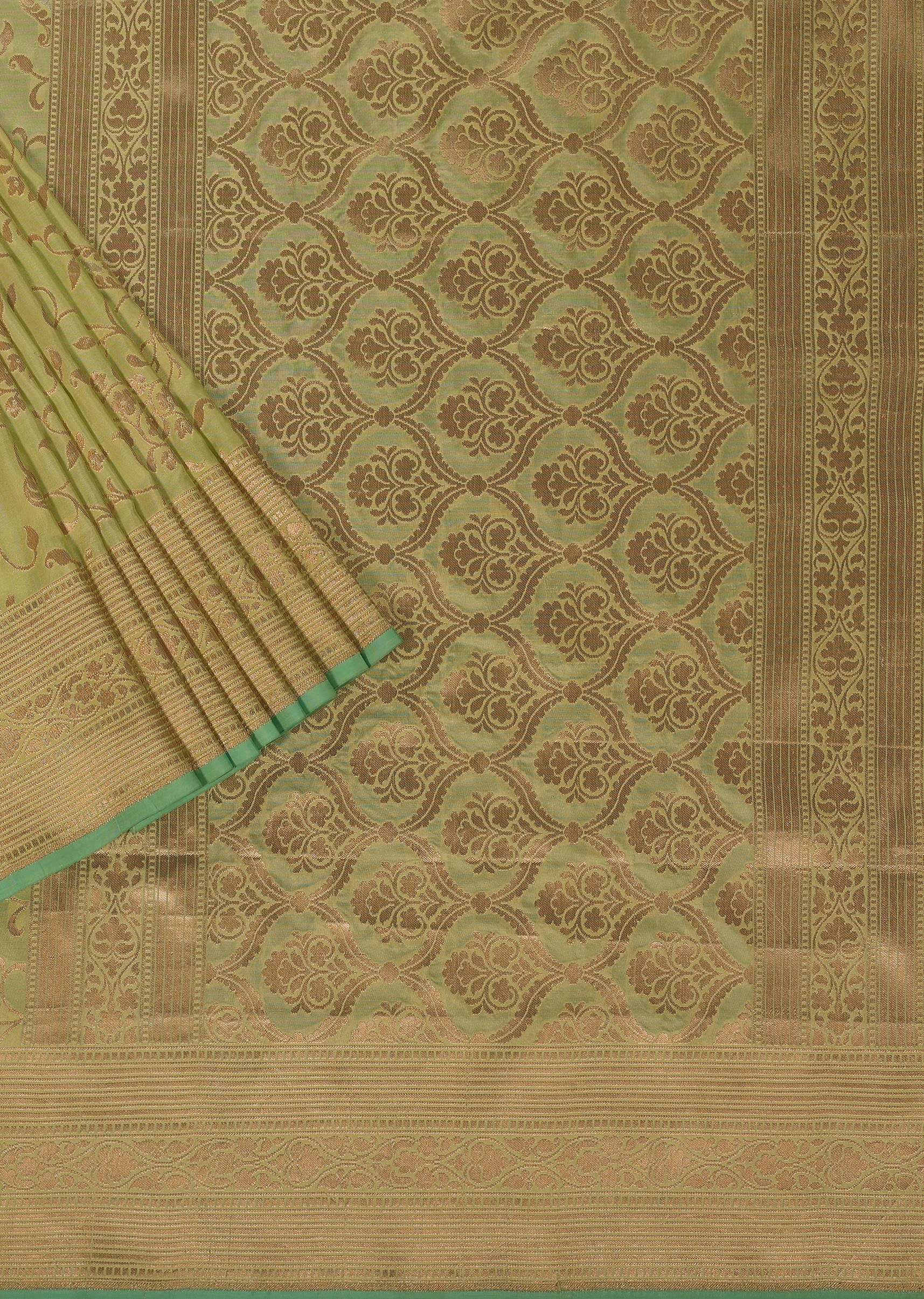Green Handloom Banarasi Saree In Uppada Silk With Floral Jaal Weave And Unstitched Blouse - Image 3