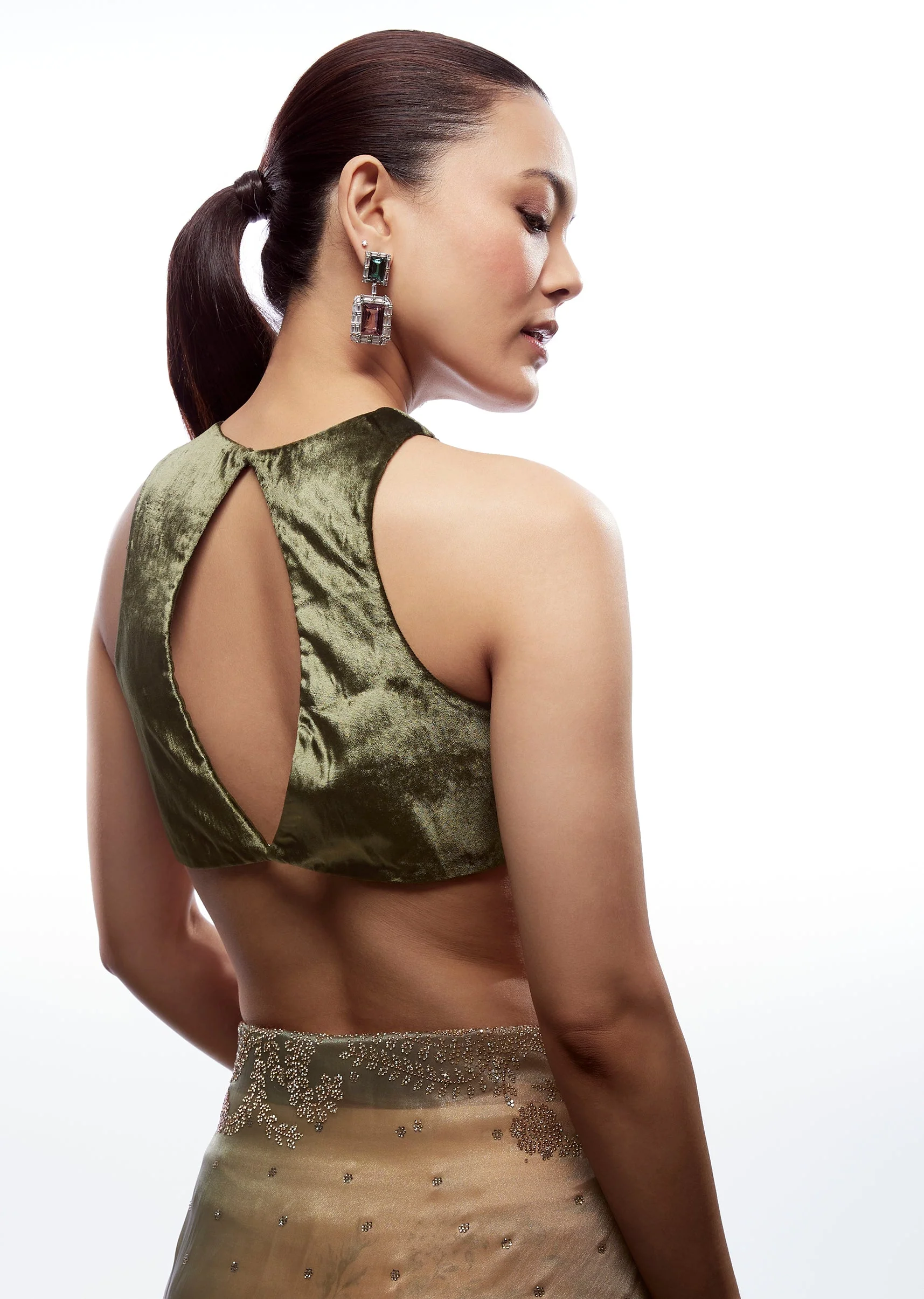 Green Velvet High Neck Blouse Back Tassel - Image 3