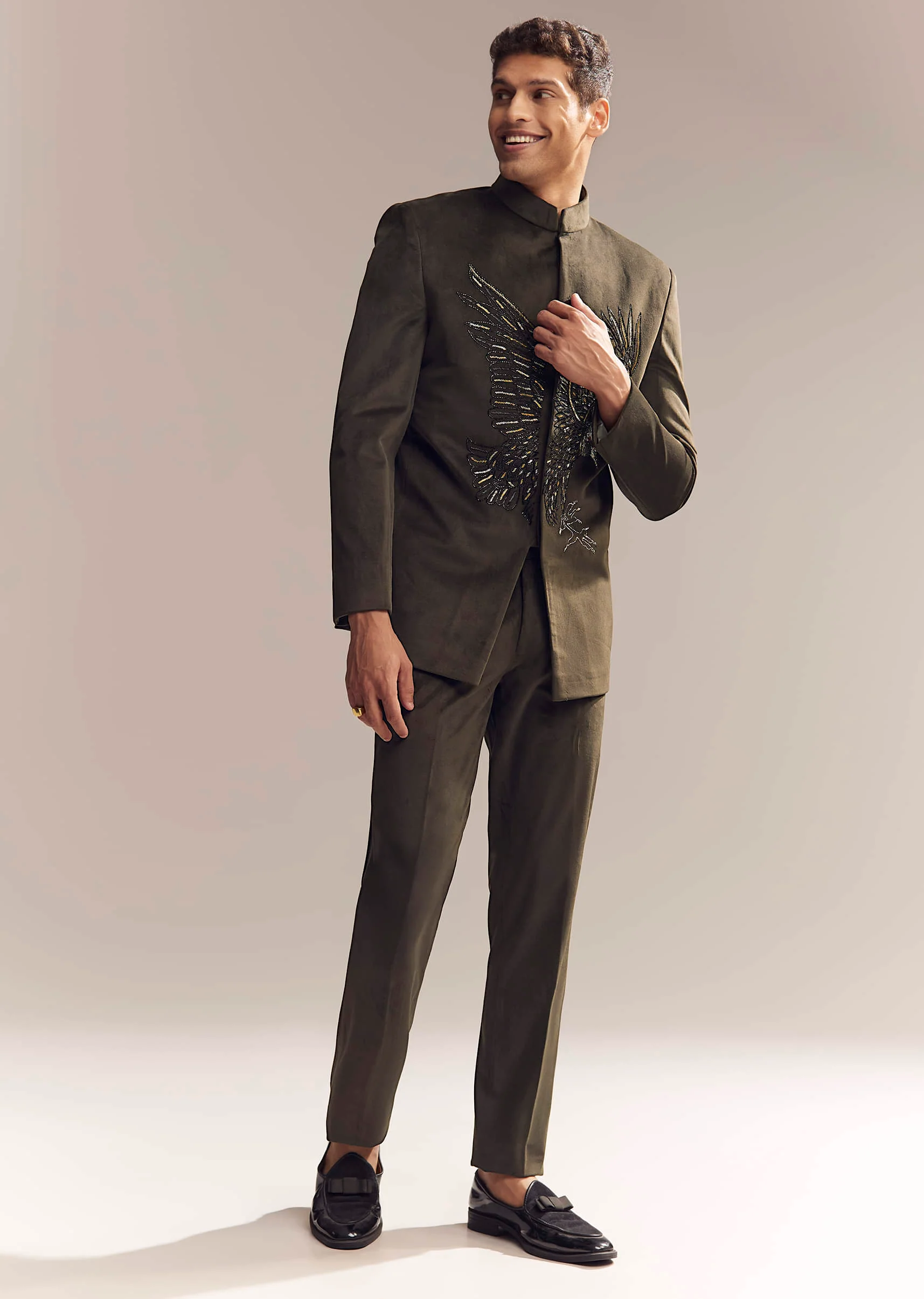 Green Velvet Jodhpuri Suit For Men With Cutdana And Moti Embroidery