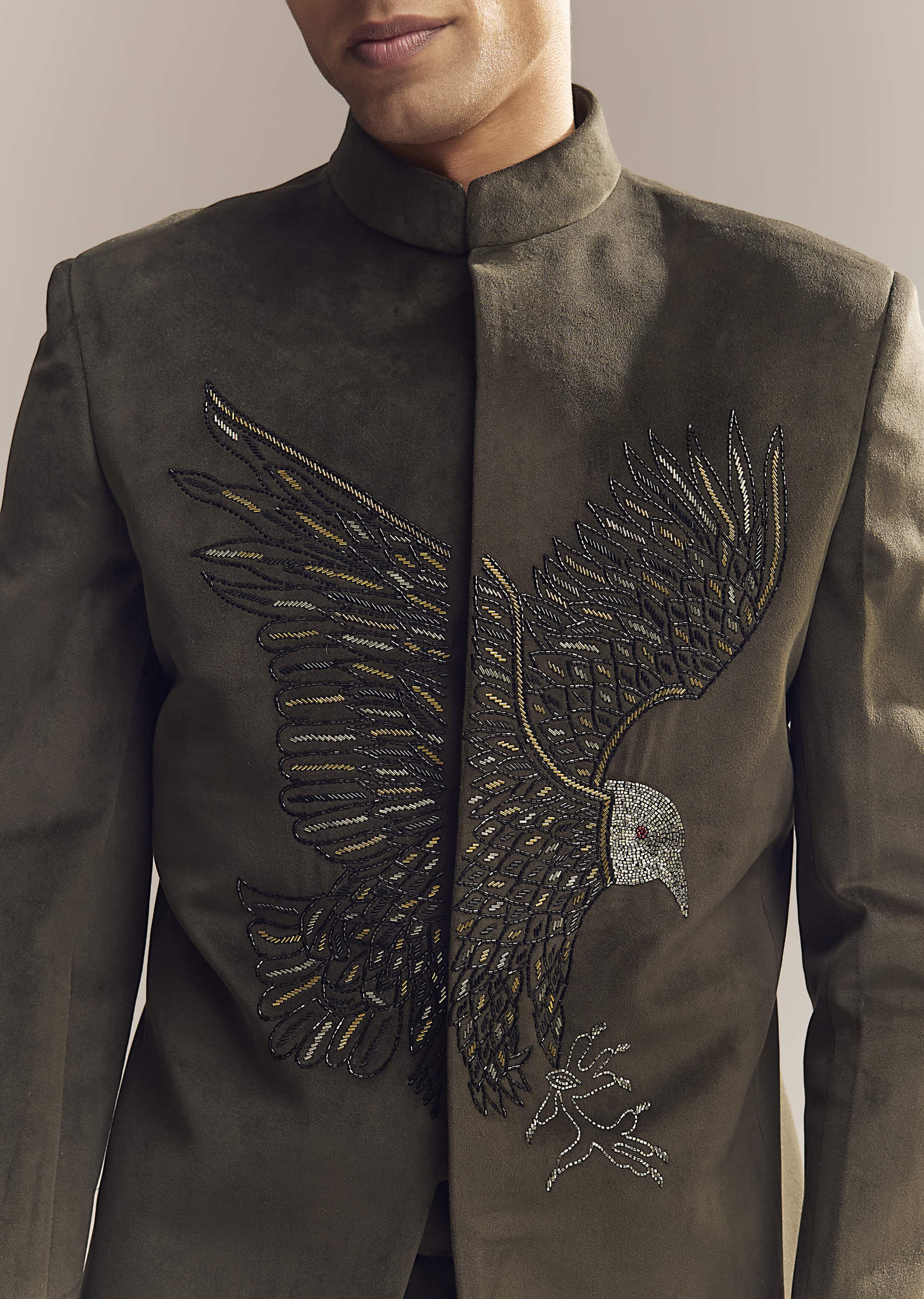 Green Velvet Jodhpuri Suit For Men With Cutdana And Moti Embroidery - Image 2