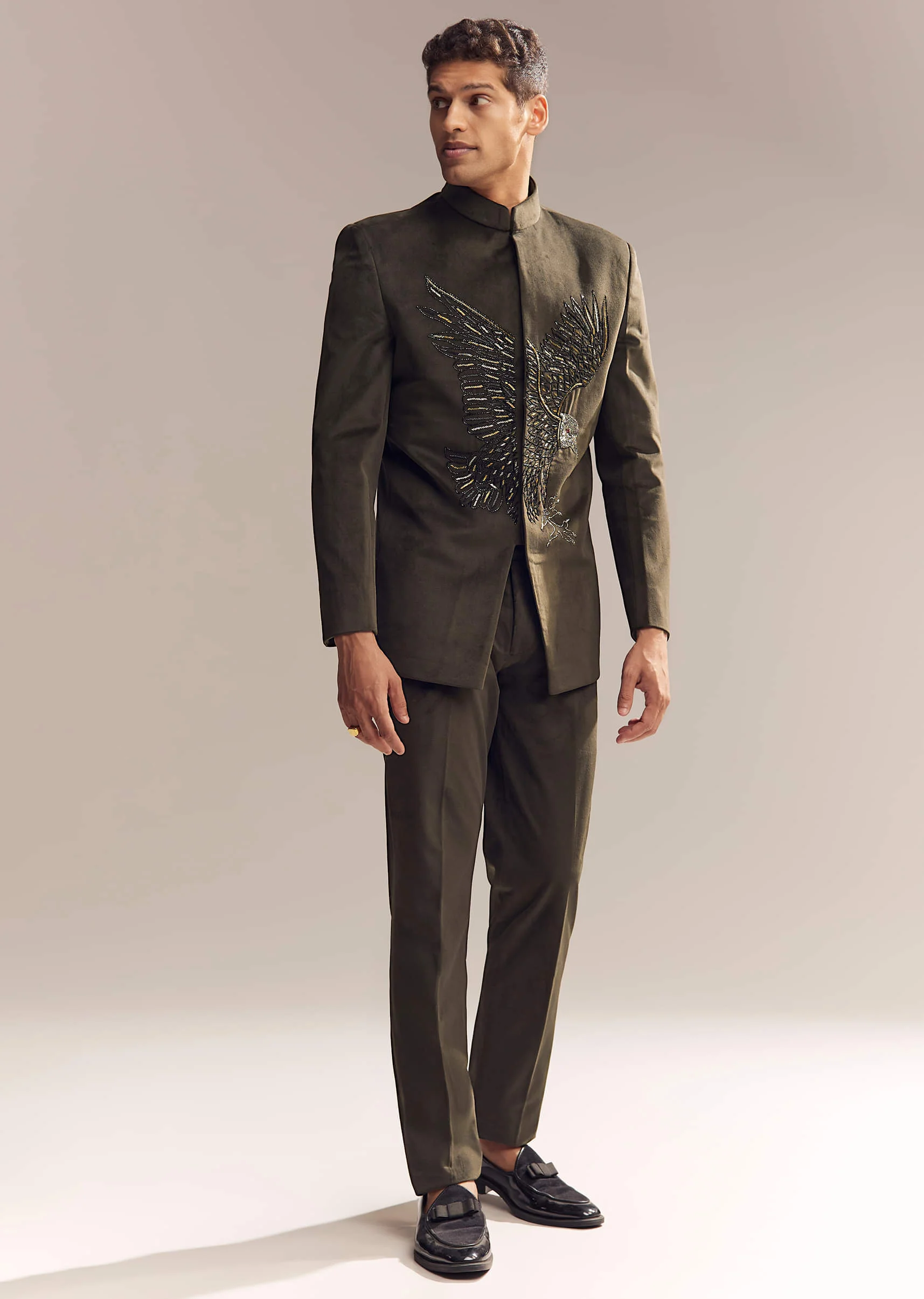Green Velvet Jodhpuri Suit For Men With Cutdana And Moti Embroidery - Image 3
