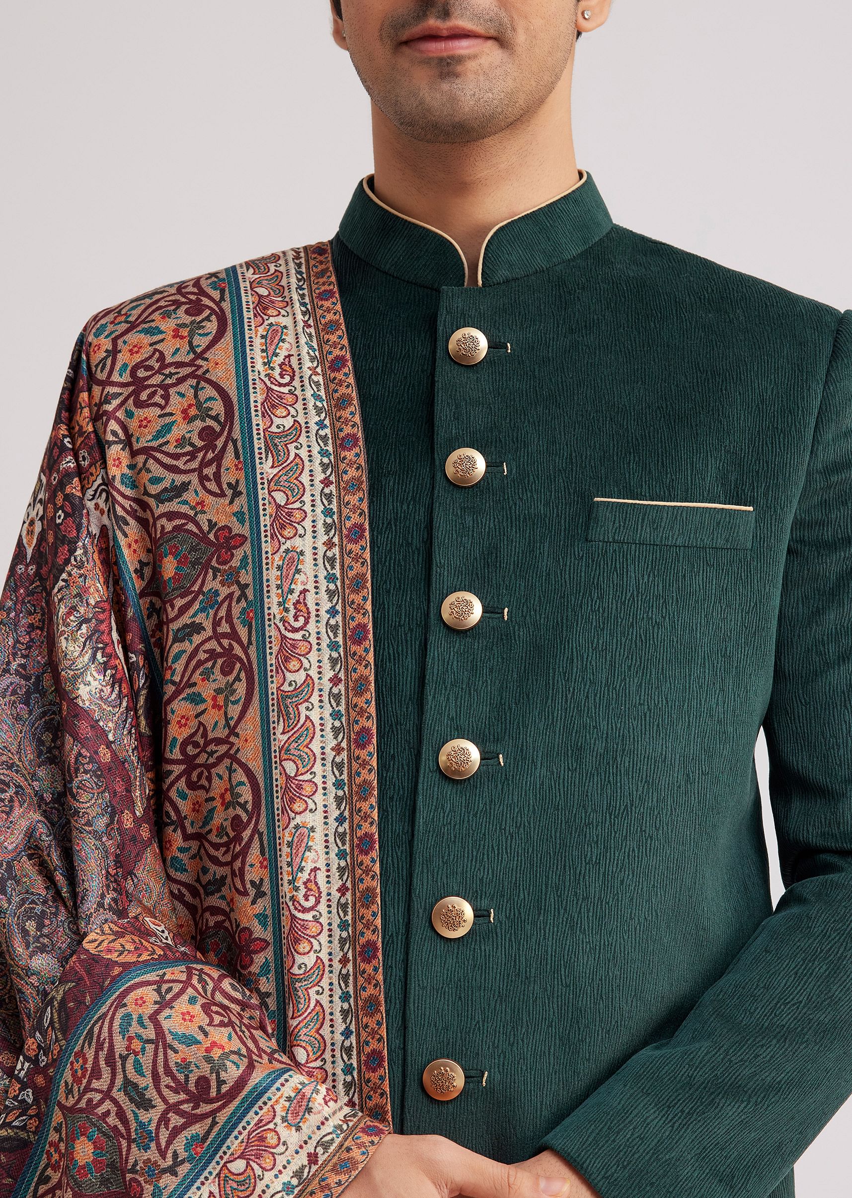 Green Velvet Nawabi Set With Printed Pashmina Dupatta - Image 2