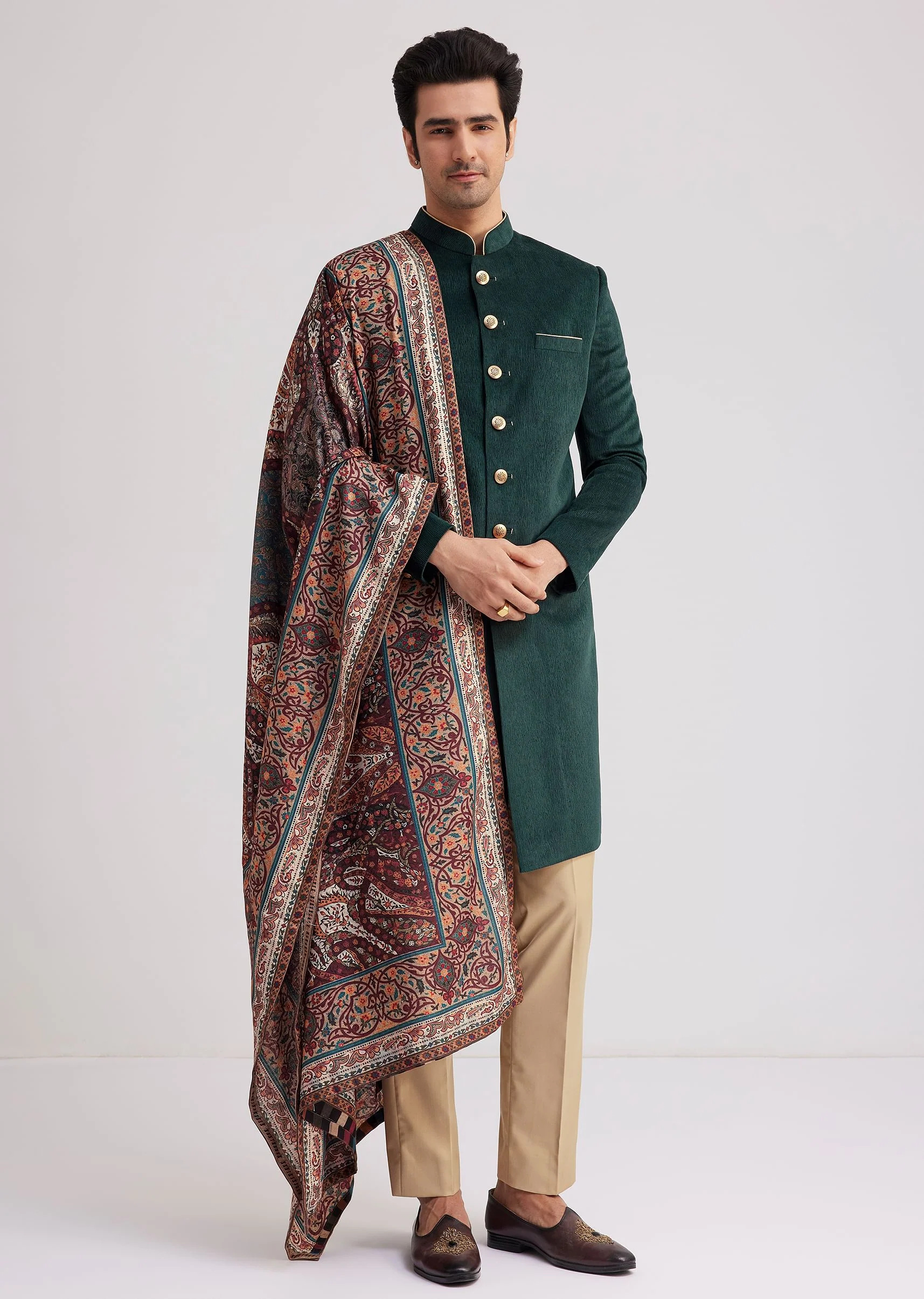 Green Velvet Nawabi Set With Printed Pashmina Dupatta - Image 3